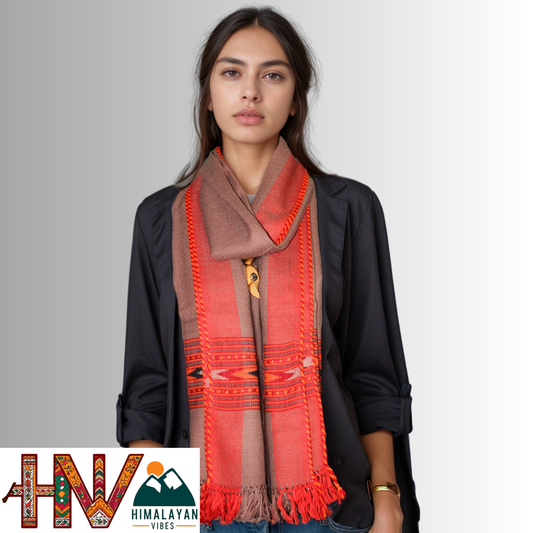 Handwoven Earthy Brown Kullu Woolen Stole with Traditional Kullu Patti Design in Vibrant Orange and Red Border– Handwoven Elegance By Himalayan Vibes