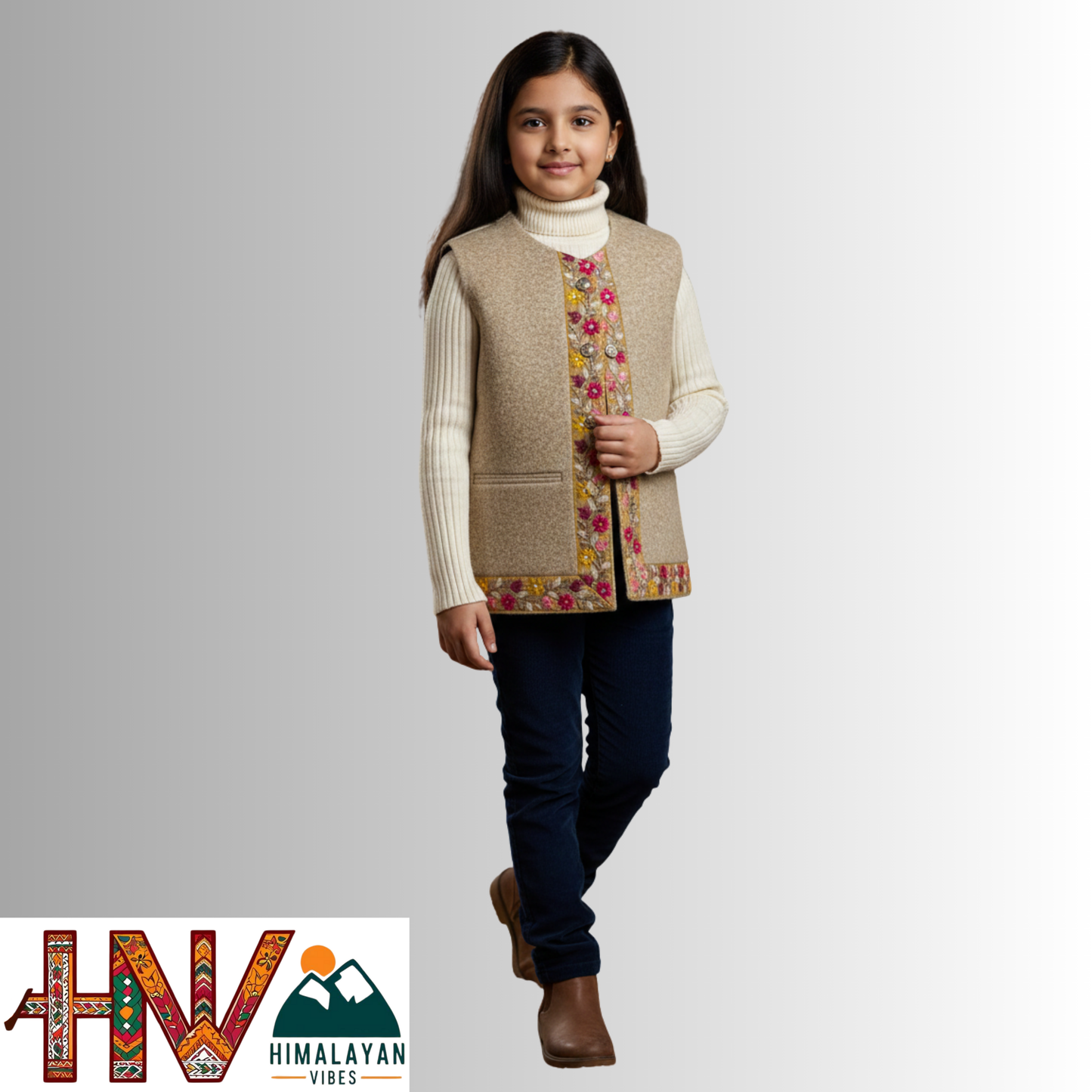 Girls Sleeveless Cream Woolen Sadri Jacket in Martin Fabric – Himachali Handcrafted Ethnic Wear with Multicolor Floral Embroidery