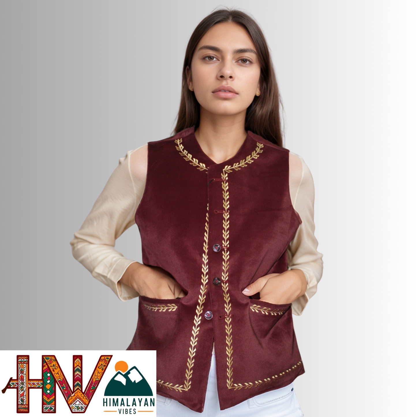 Handcrafted-Simple Embroidered Maroon Himachali Sadri (Jacket) for Women - Martin Fabric Ethnic Half Jacket with Pockets