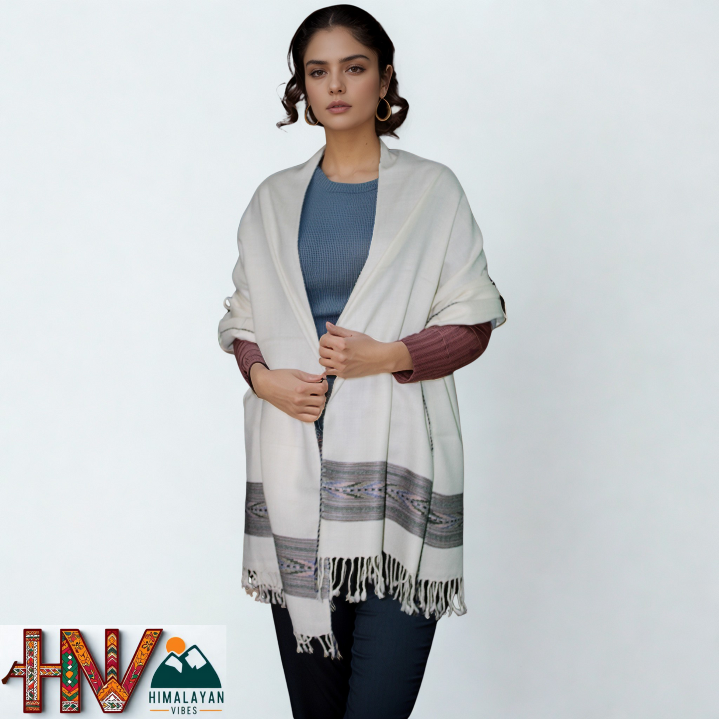 Handwoven Himalayan White Wool Stole – Green & Blue Striped with Geometric Motif Border