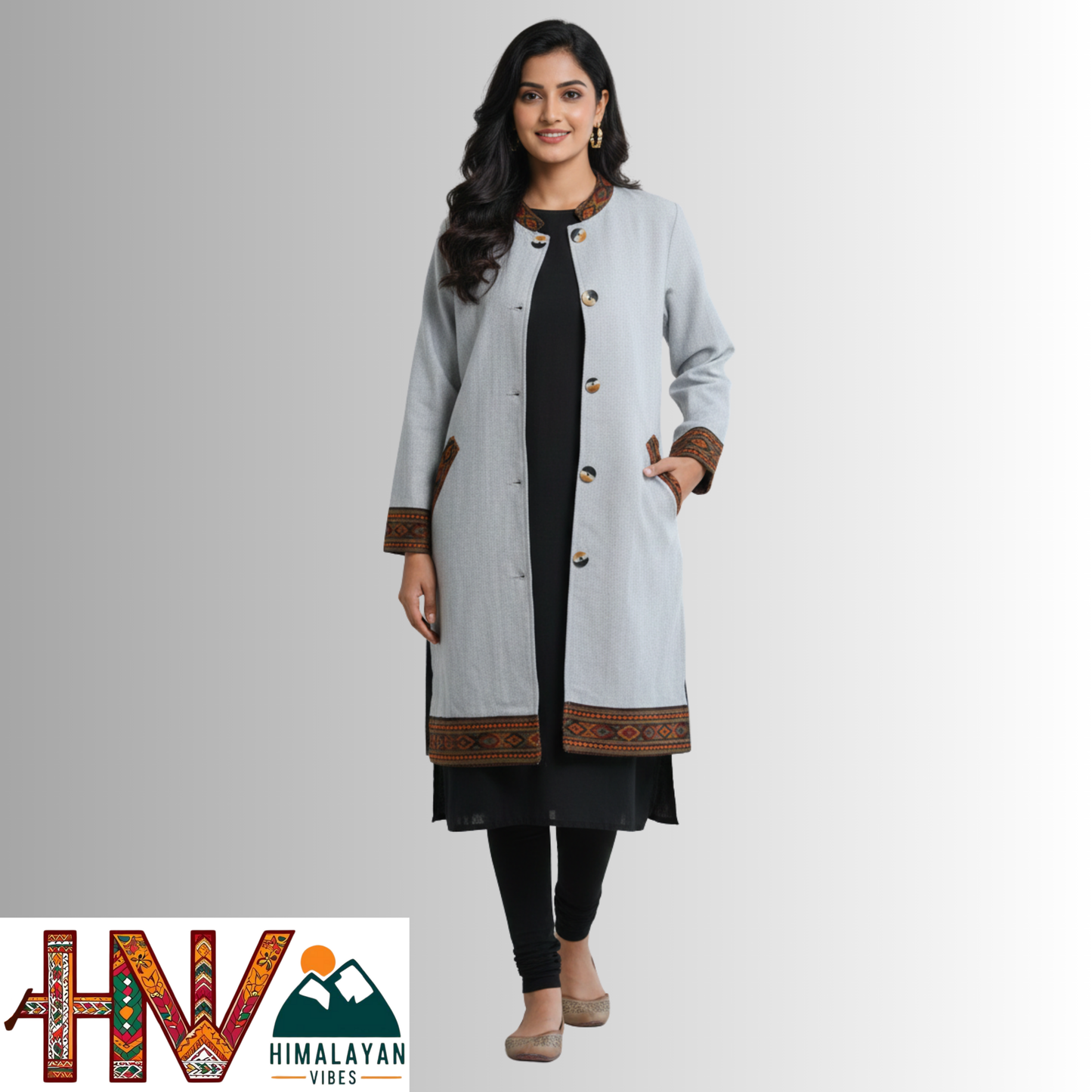 Himalayan Vibes Women Long Woolen Jacket - Authentic Kullu Patti Trimmed Coat