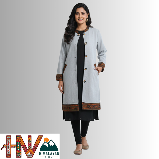 Himalayan Vibes Women Long Woolen Jacket - Authentic Kullu Patti Trimmed Coat
