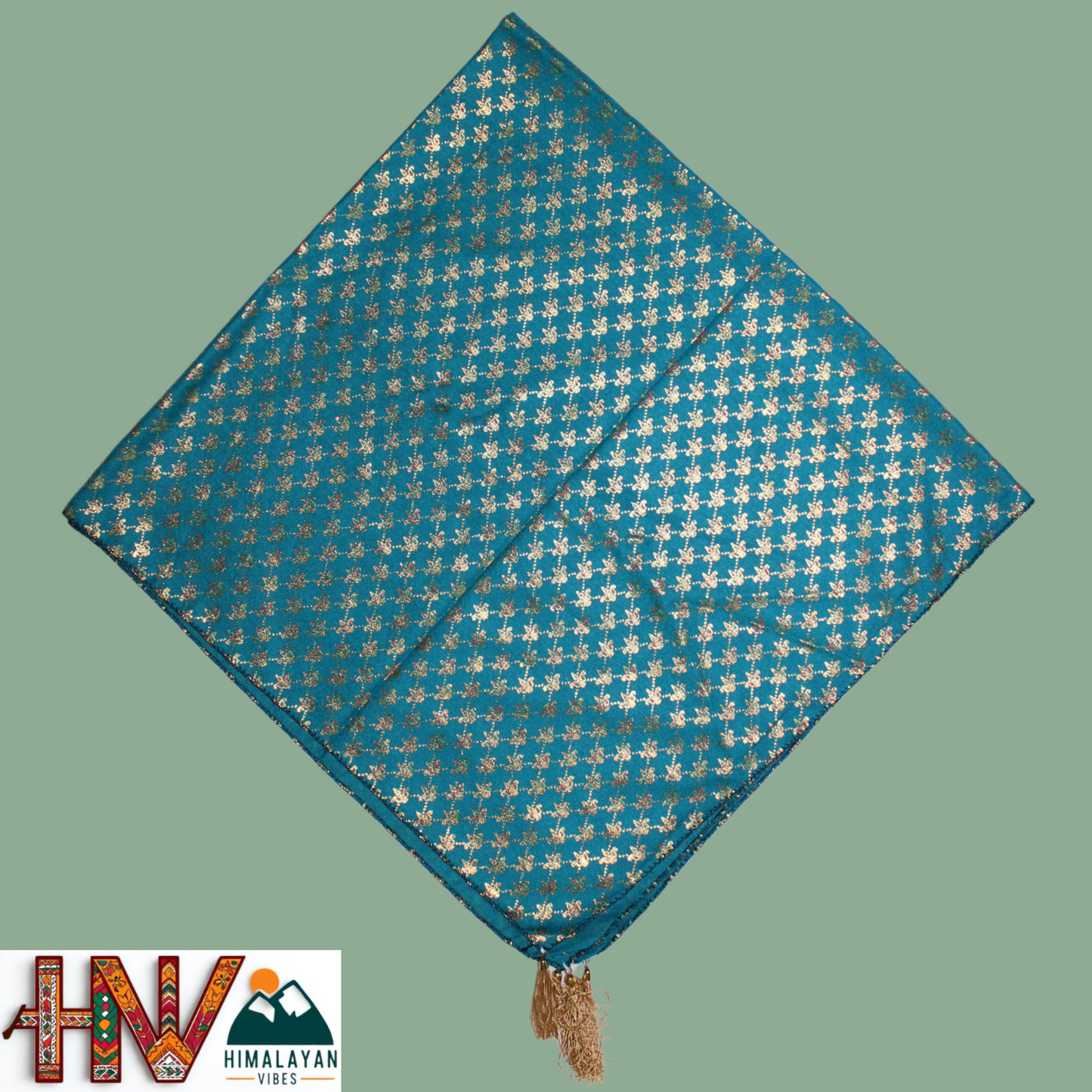 Alpine Cyan Color Printed  Himachali Dhatu - Handcrafted Traditional Head Scarf from Himalayas