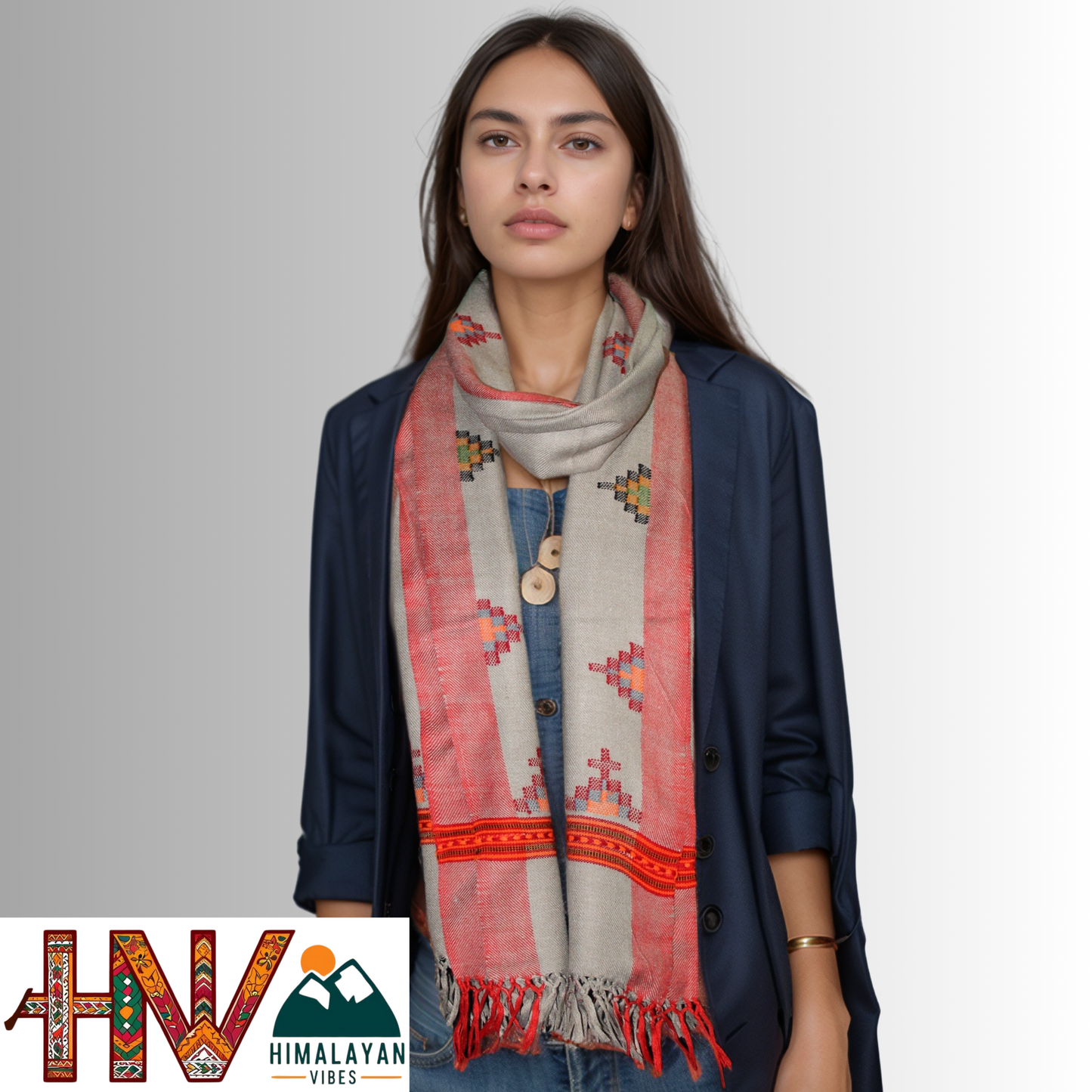 Handwoven Grey Kullu Woolen Stole with Traditional Kullu Patti Geometric Motifs with Red Border– Handwoven Elegance By Himalayan Vibes