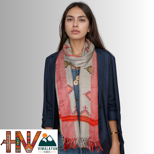 Handwoven Grey Kullu Woolen Stole with Traditional Kullu Patti Geometric Motifs with Red Border– Handwoven Elegance By Himalayan Vibes
