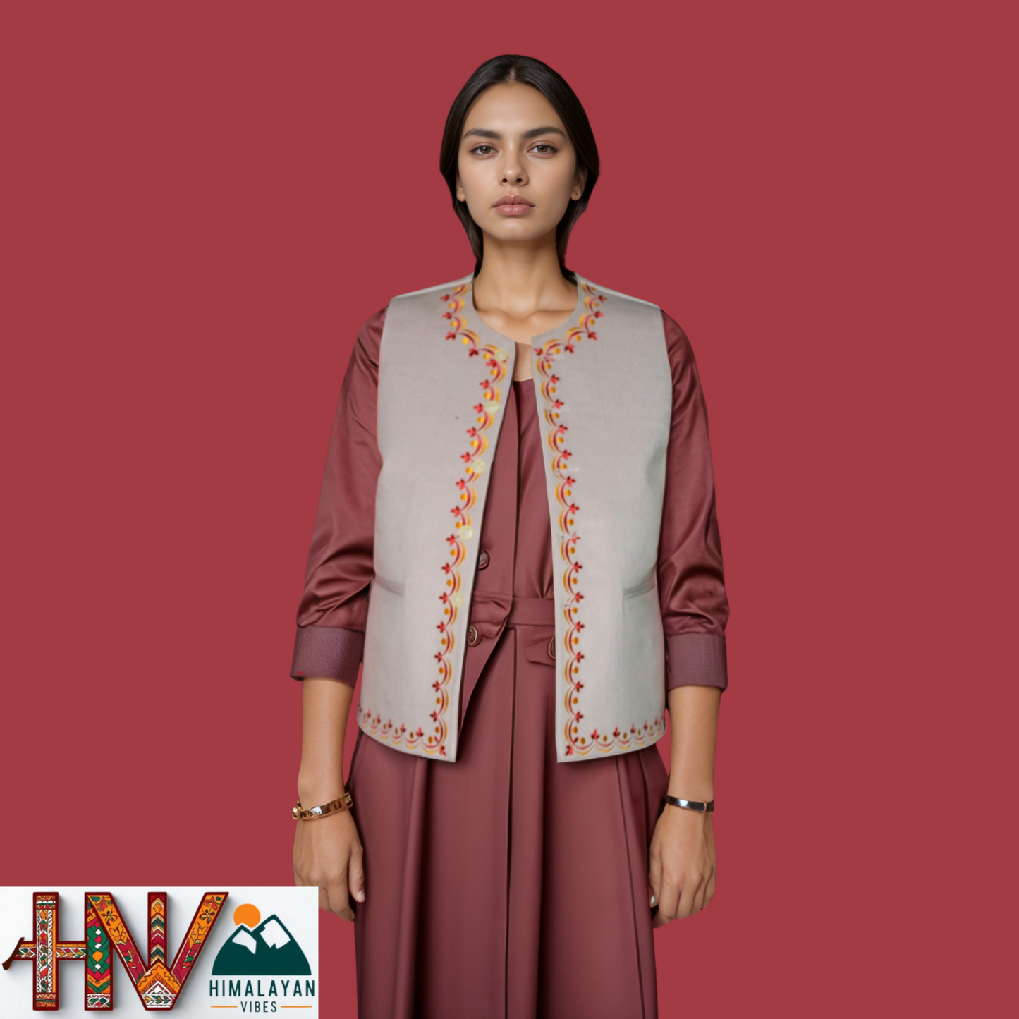 Hand-Embroidered Tan Color Himachali Sadri (Jacket) for Women - Martin Fabric Ethnic Half Jacket with Pockets