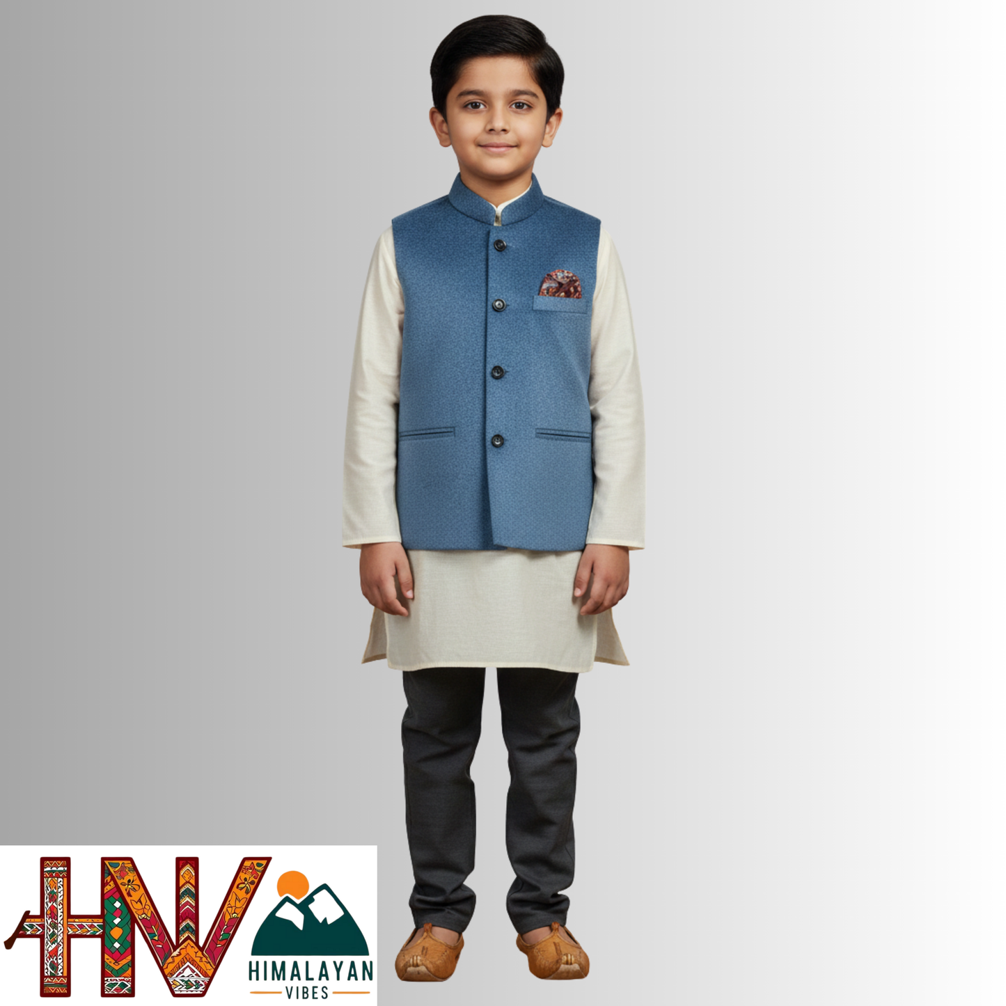Boys Sleeveless Nehru Jacket in Blue Martin Fabric – Handcrafted Himachali Wool Blend Waistcoat with Designer Pocket Square