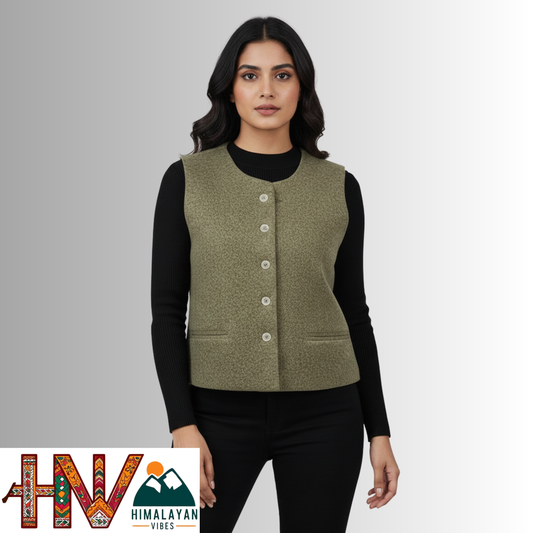 Himachali Plain Olive green Sadri  for Women - Martin Fabric Ethnic Half Jacket with Pockets