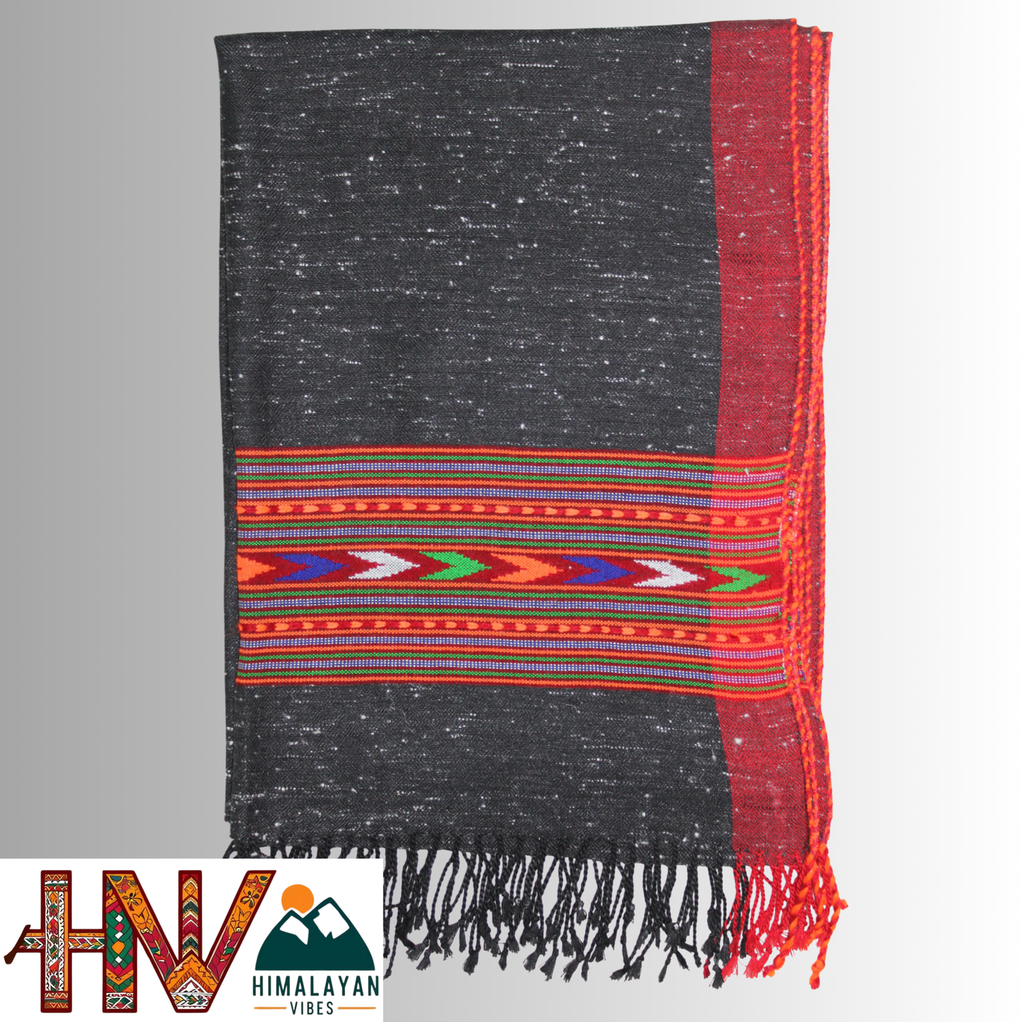 Handwoven Himalayan Black Wool Stole – Red & Blue Striped with Red Border By Himalayan Vibes