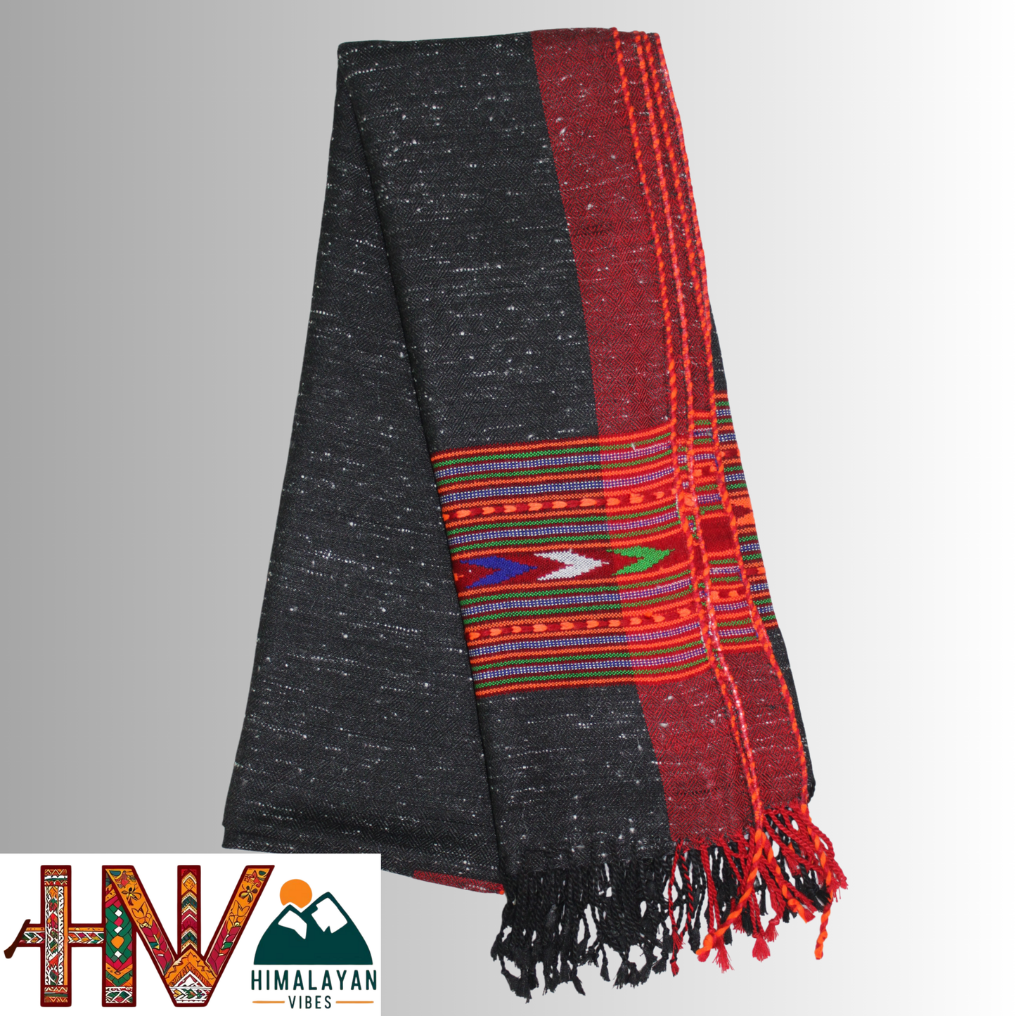 Handwoven Himalayan Black Wool Stole – Red & Blue Striped with Red Border By Himalayan Vibes