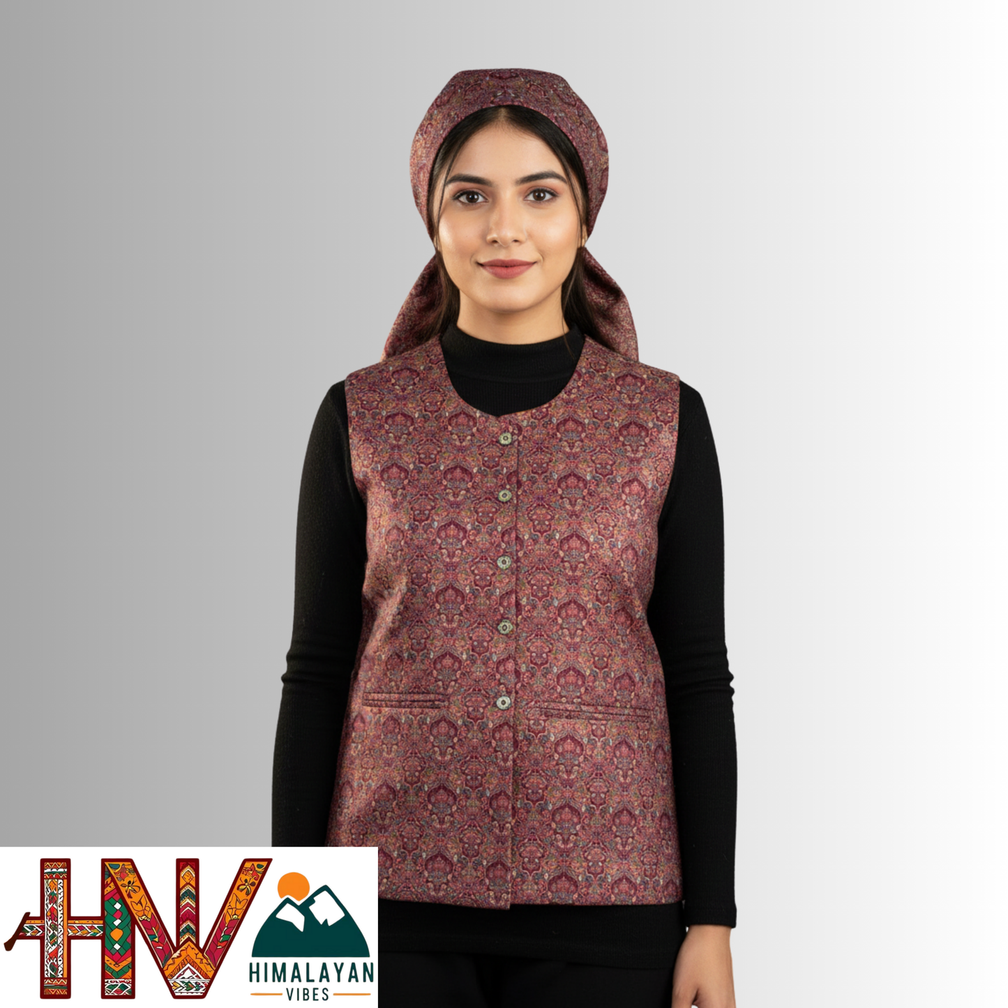 Women Pashmina Maroon Himachali Sadri-Dhatu Combo