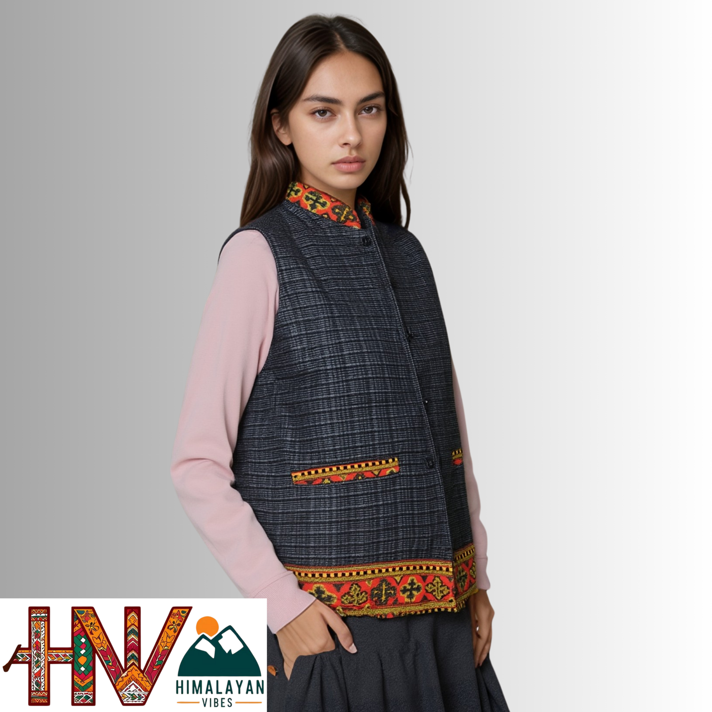 Women's Black Woolen Sadri with Kullu Patti - Elegant Traditional Wear by Himalayan Vibes