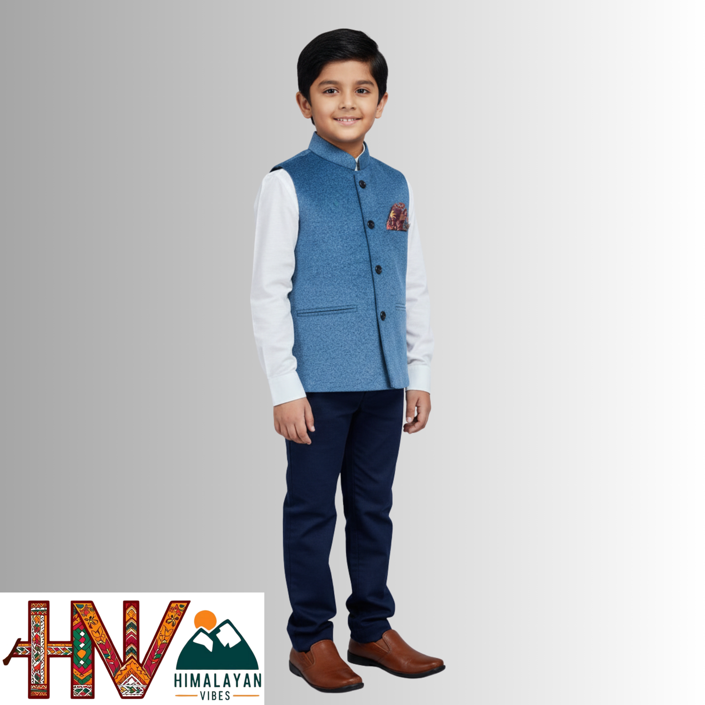 Boys Sleeveless Nehru Jacket in Blue Martin Fabric – Handcrafted Himachali Wool Blend Waistcoat with Designer Pocket Square