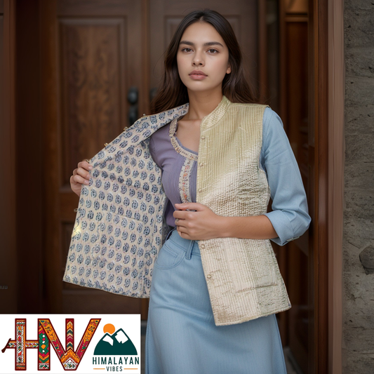 Reversible Tan Silk Sadri for Women – Dual Look Ethnic Waistcoat | Floral & Solid Textured Design by Himalayan Vibes