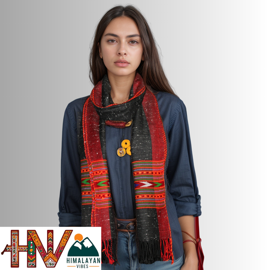 Handwoven Himalayan Black Wool Stole – Red & Blue Striped with Red Border By Himalayan Vibes