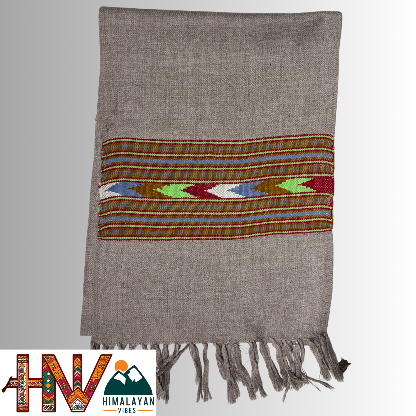 Traditional Kullu Patti Design Wool Muffler | Smoky Lavender Handloom Scarf with Vibrant Geometric Strip By Himalayan Vibes