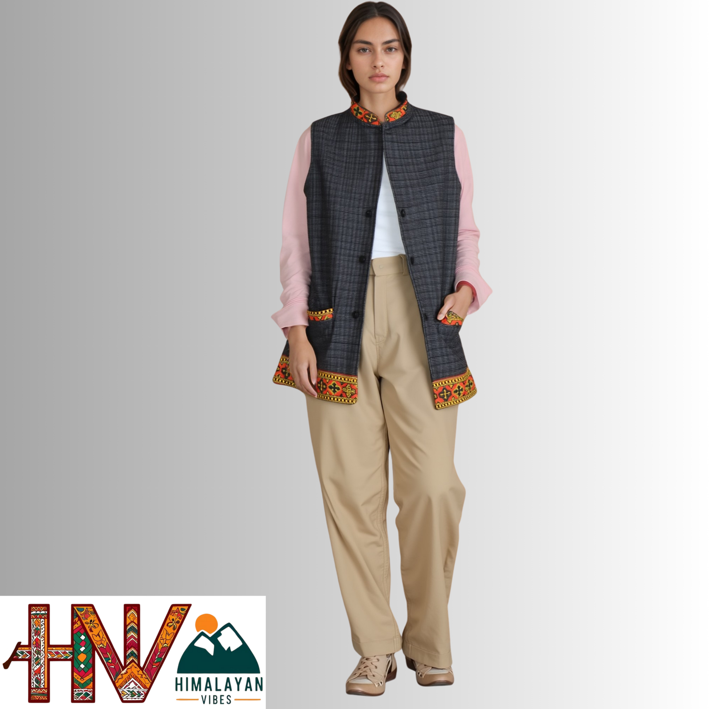 Women's Black Woolen Sadri with Kullu Patti - Elegant Traditional Wear by Himalayan Vibes