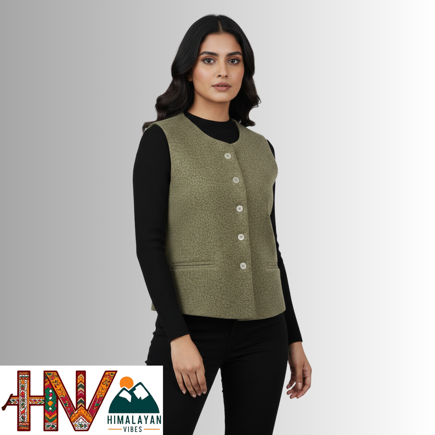 Himachali Plain Olive green Sadri  for Women - Martin Fabric Ethnic Half Jacket with Pockets