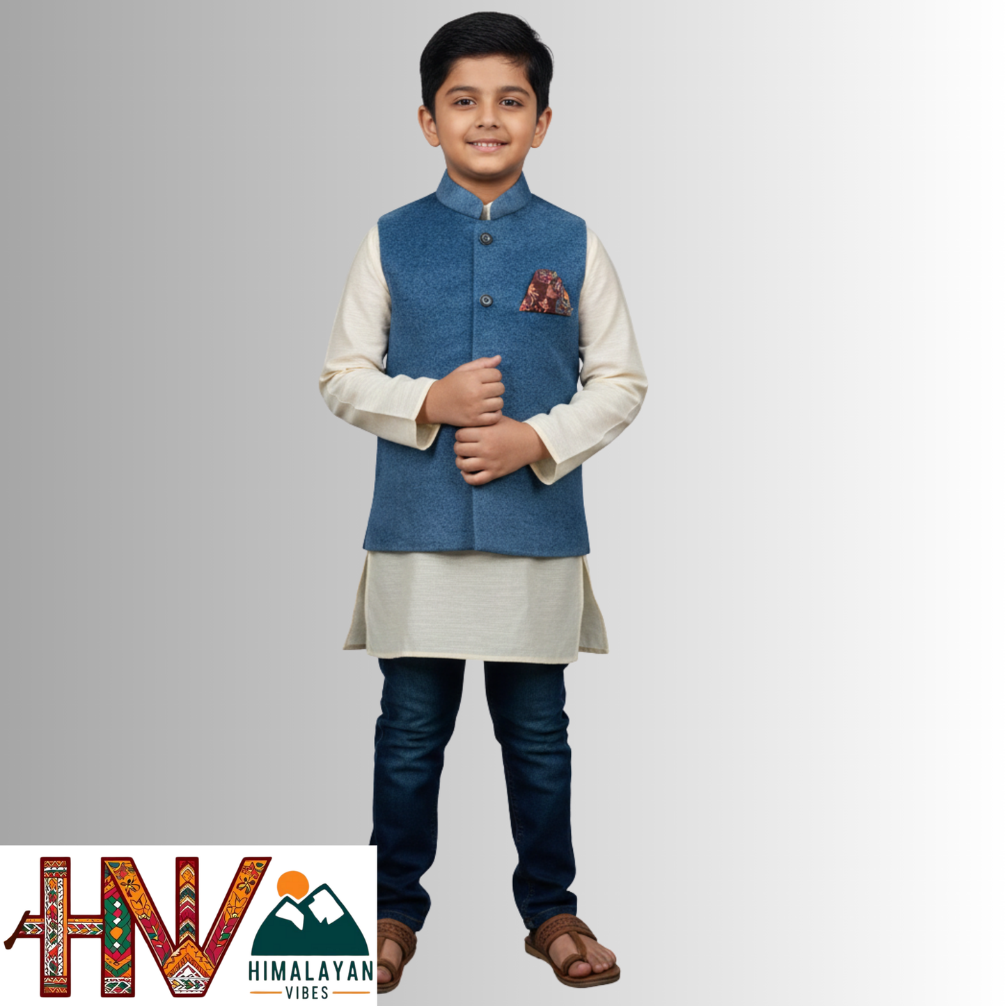 Boys Sleeveless Nehru Jacket in Blue Martin Fabric – Handcrafted Himachali Wool Blend Waistcoat with Designer Pocket Square