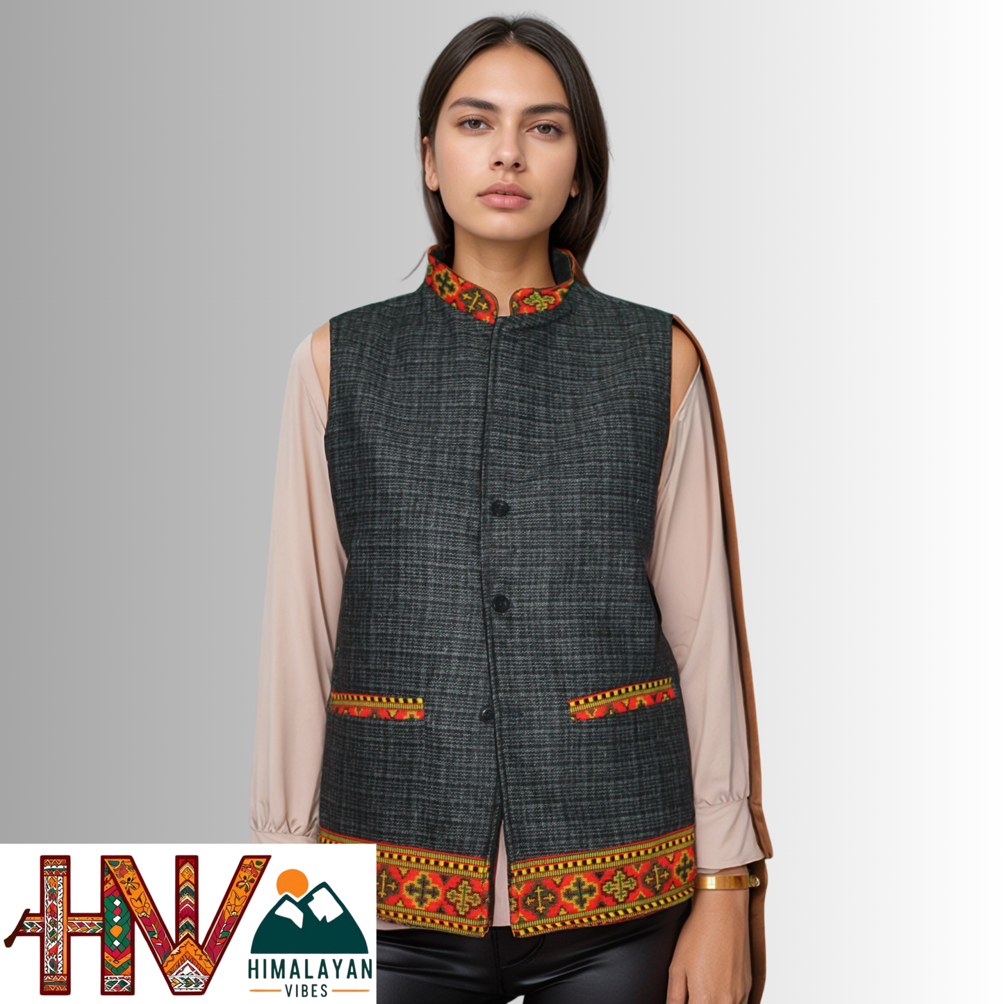 Women's Black Woolen Sadri with Kullu Patti - Elegant Traditional Wear by Himalayan Vibes