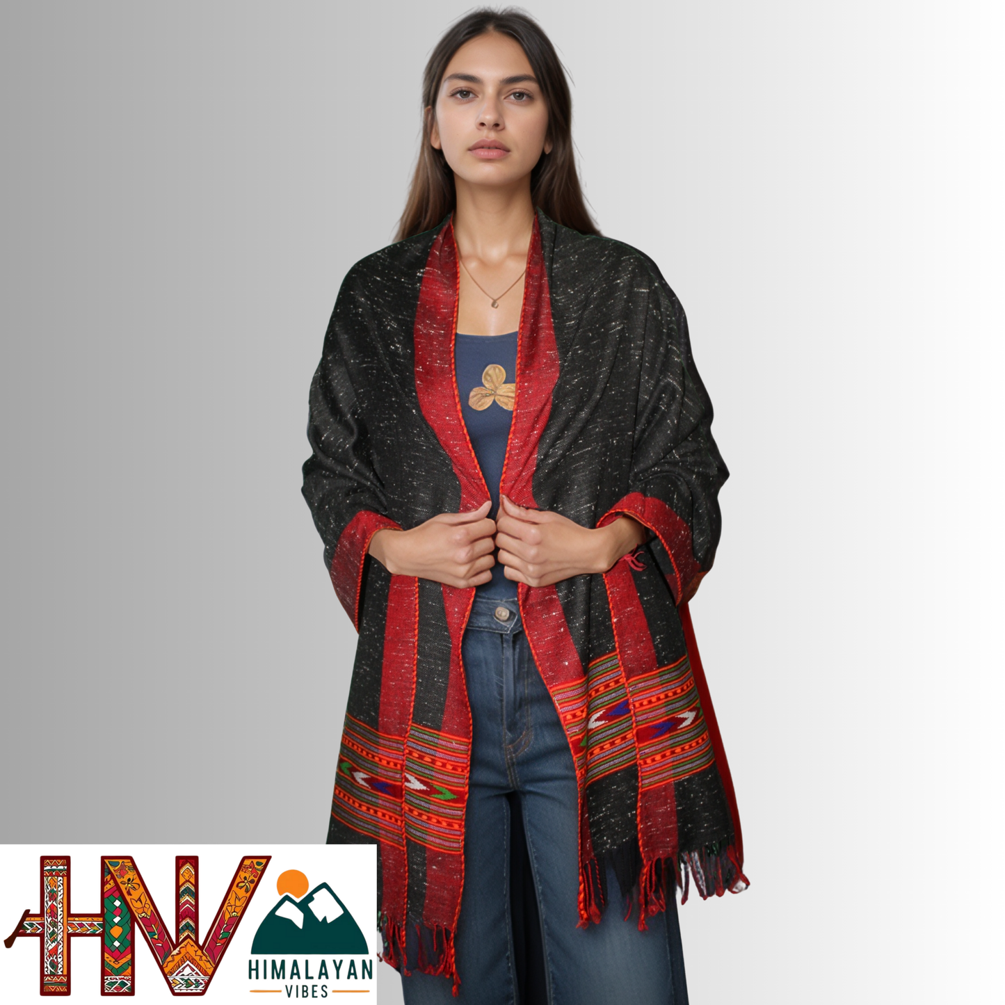 Handwoven Himalayan Black Wool Stole – Red & Blue Striped with Red Border By Himalayan Vibes