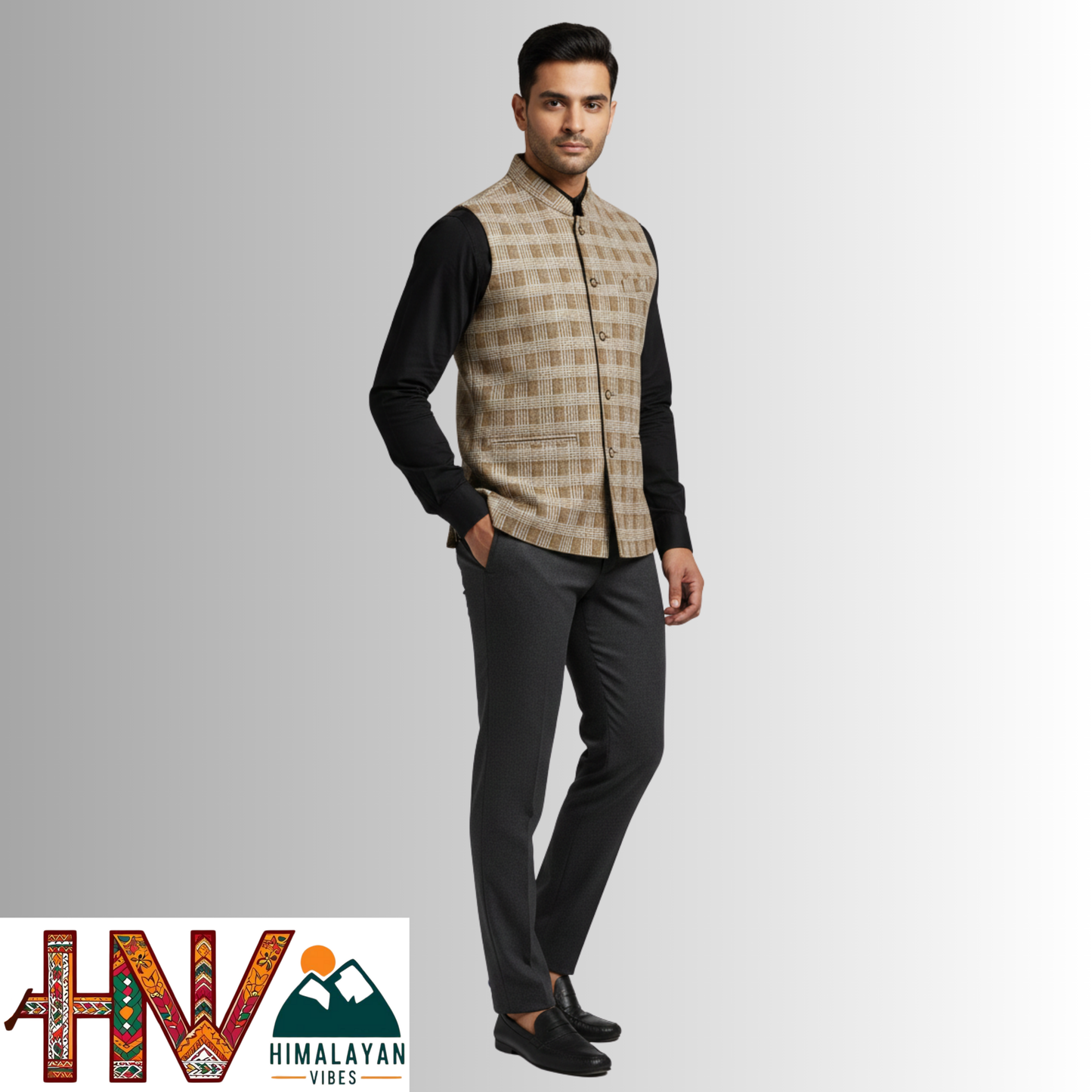 Handcrafted Himalayan Vibes Chestnut Brown Checkered Winter Jacket Men | Traditional Himachali Craft | Stylish Winter & Formal Wear