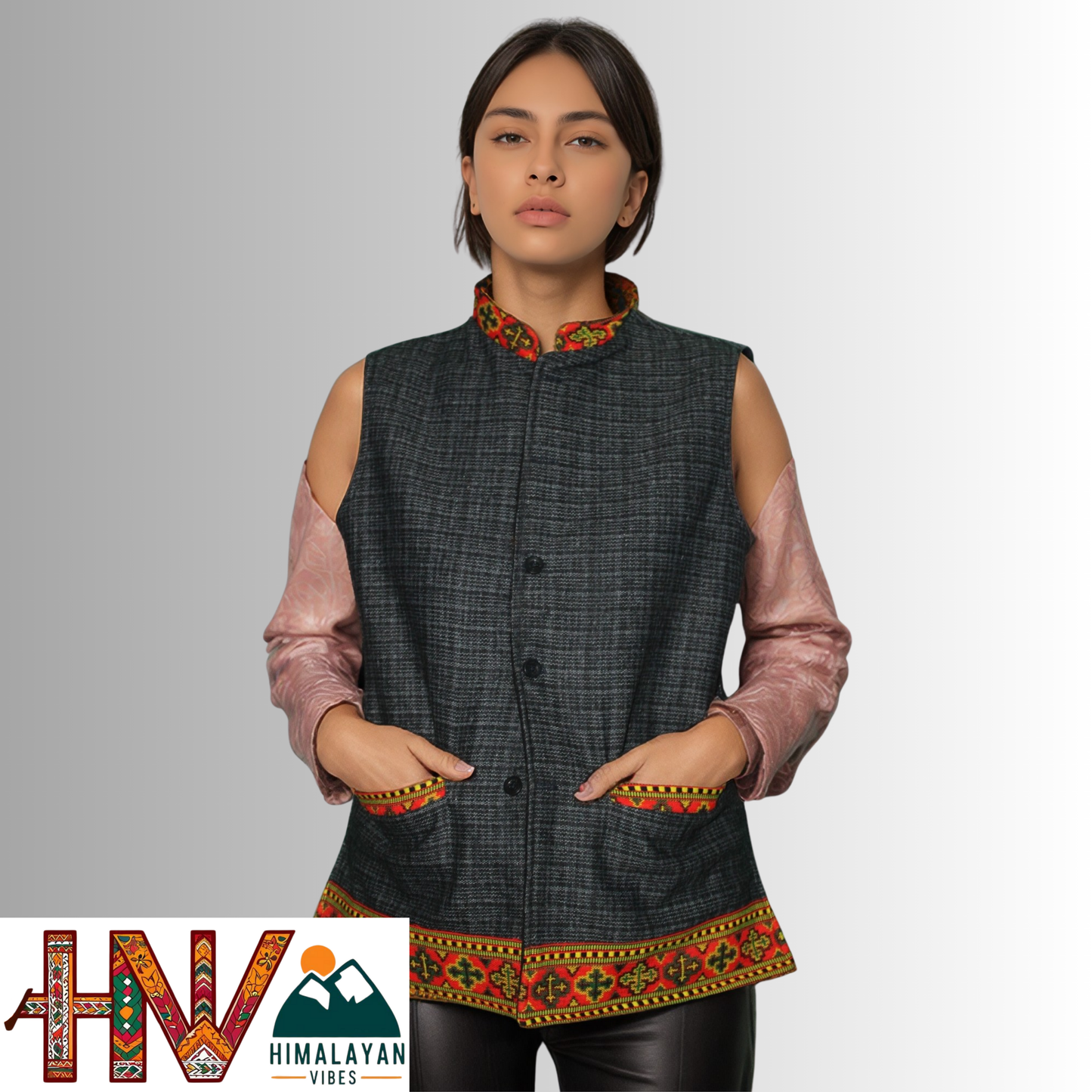 Women's Black Woolen Sadri with Kullu Patti - Elegant Traditional Wear by Himalayan Vibes