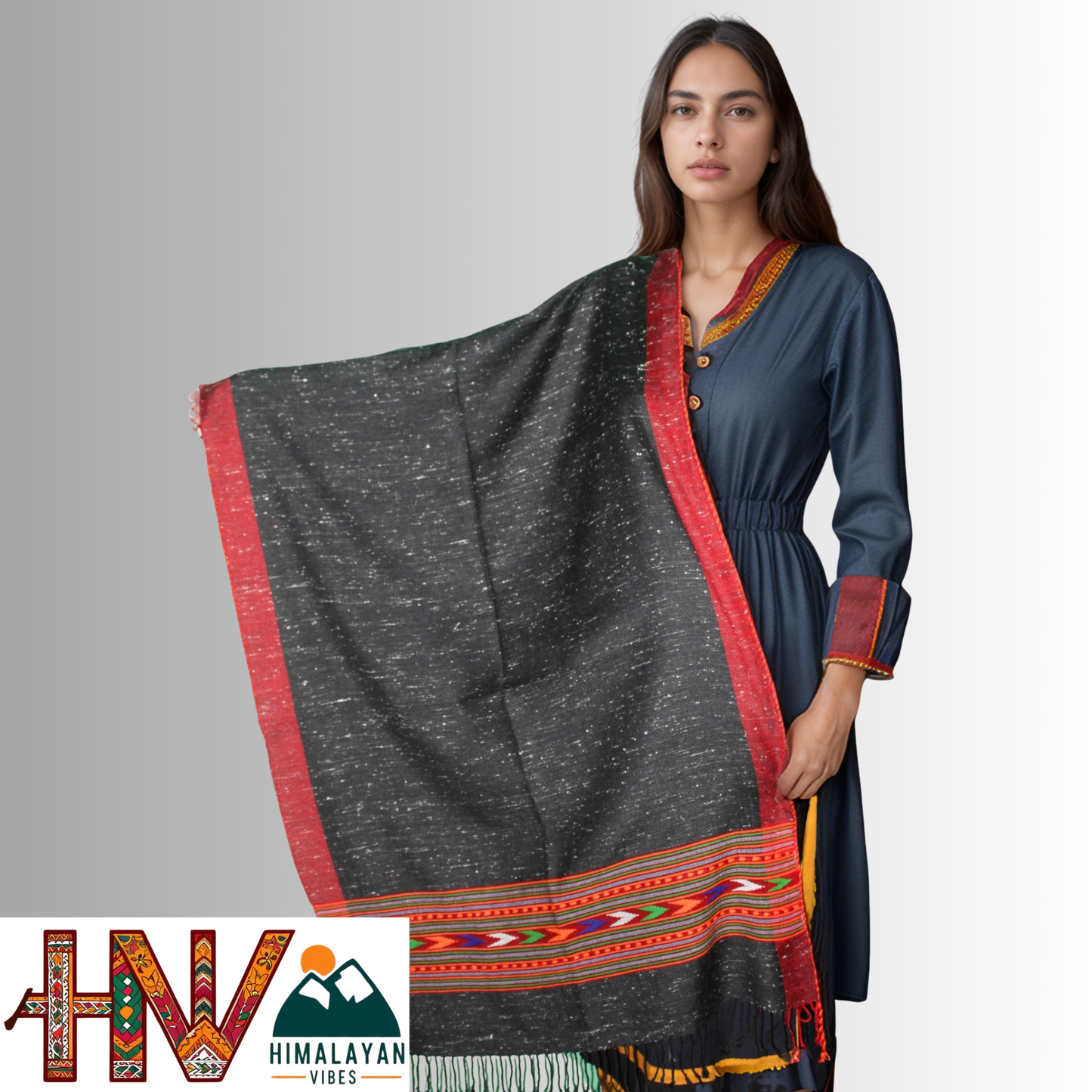Handwoven Himalayan Black Wool Stole – Red & Blue Striped with Red Border By Himalayan Vibes