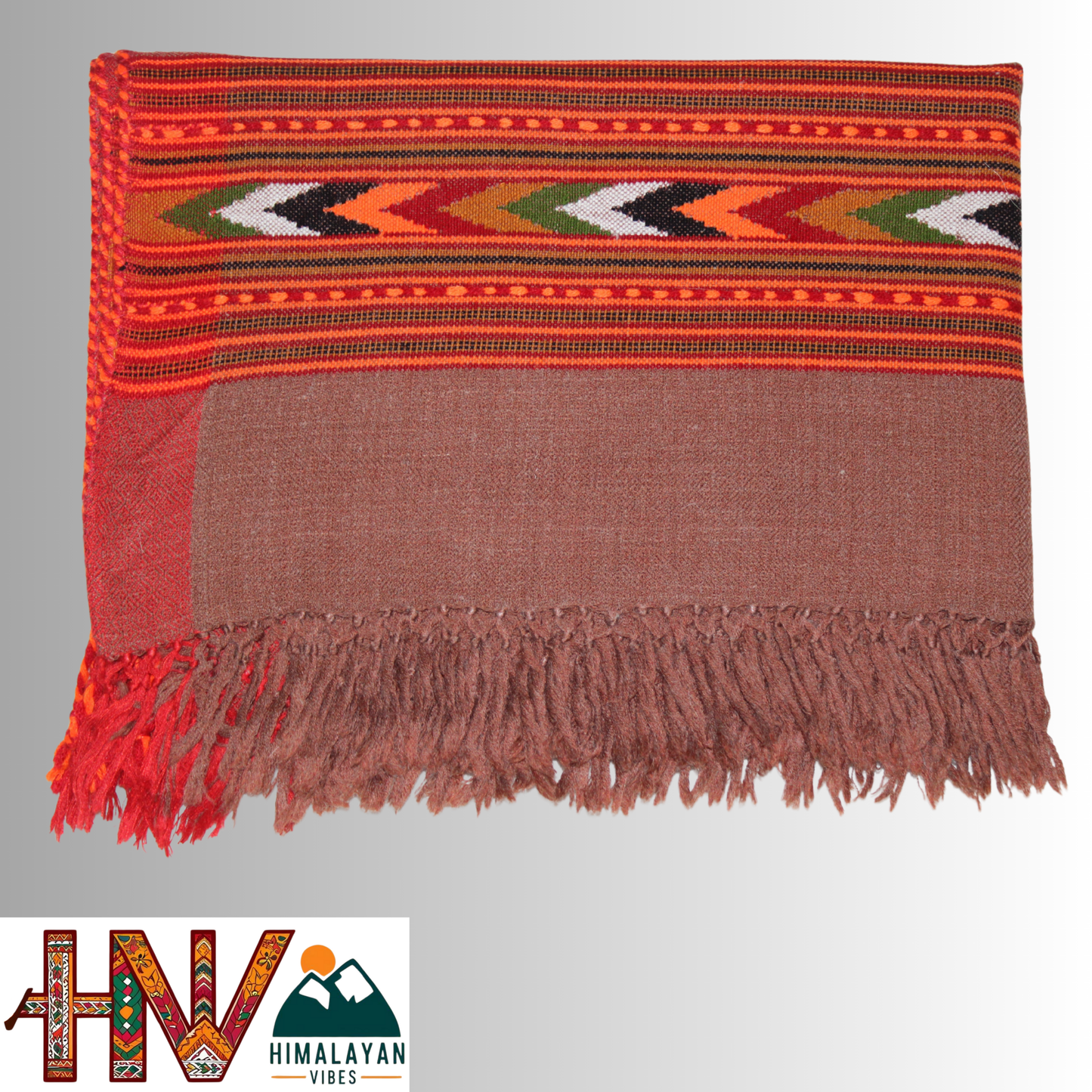 Handwoven Brown Kullu Woolen Stole With Traditional Kullu Patti Design and Red Border– Handwoven Elegance By Himalayan Vibes