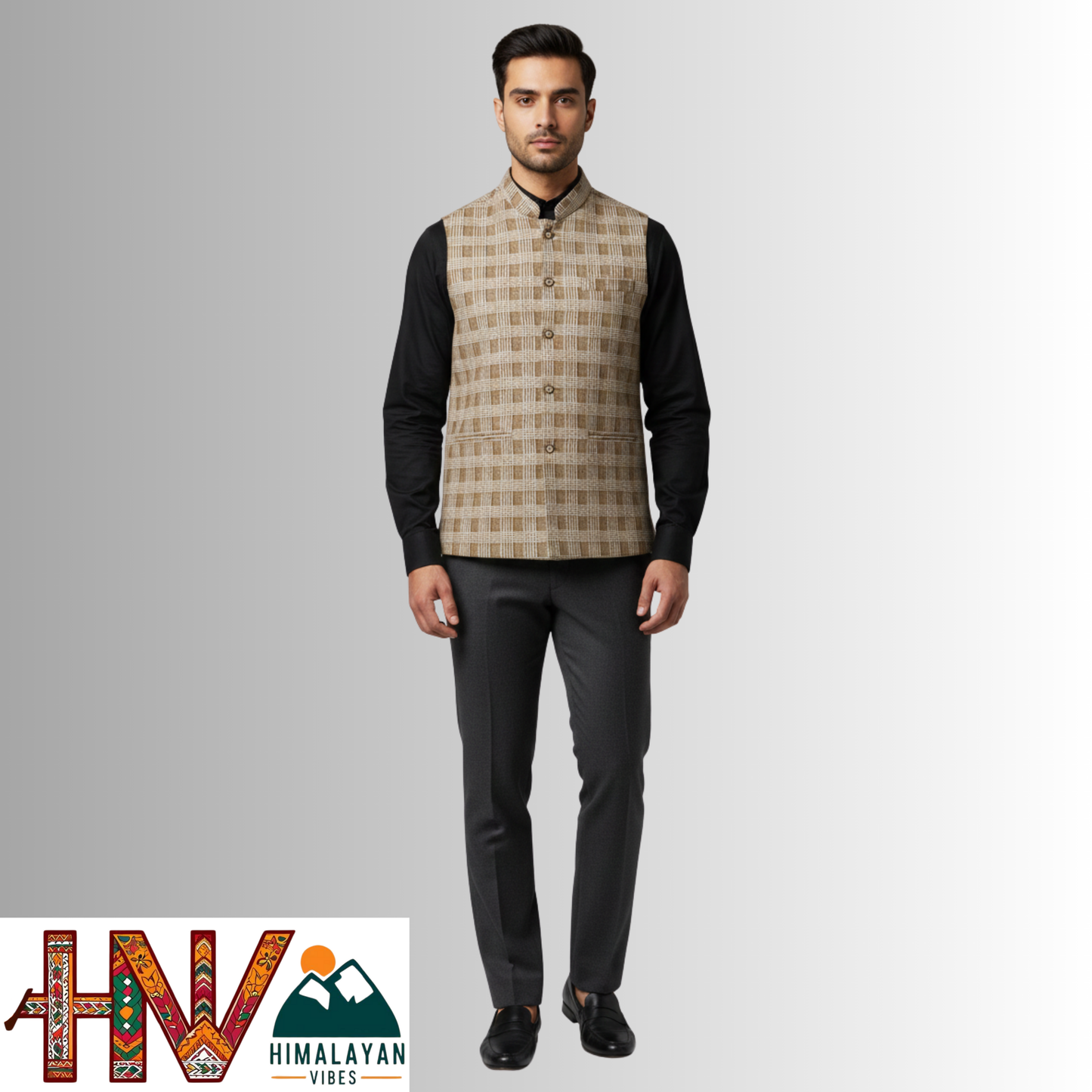 Handcrafted Himalayan Vibes Chestnut Brown Checkered Winter Jacket Men | Traditional Himachali Craft | Stylish Winter & Formal Wear