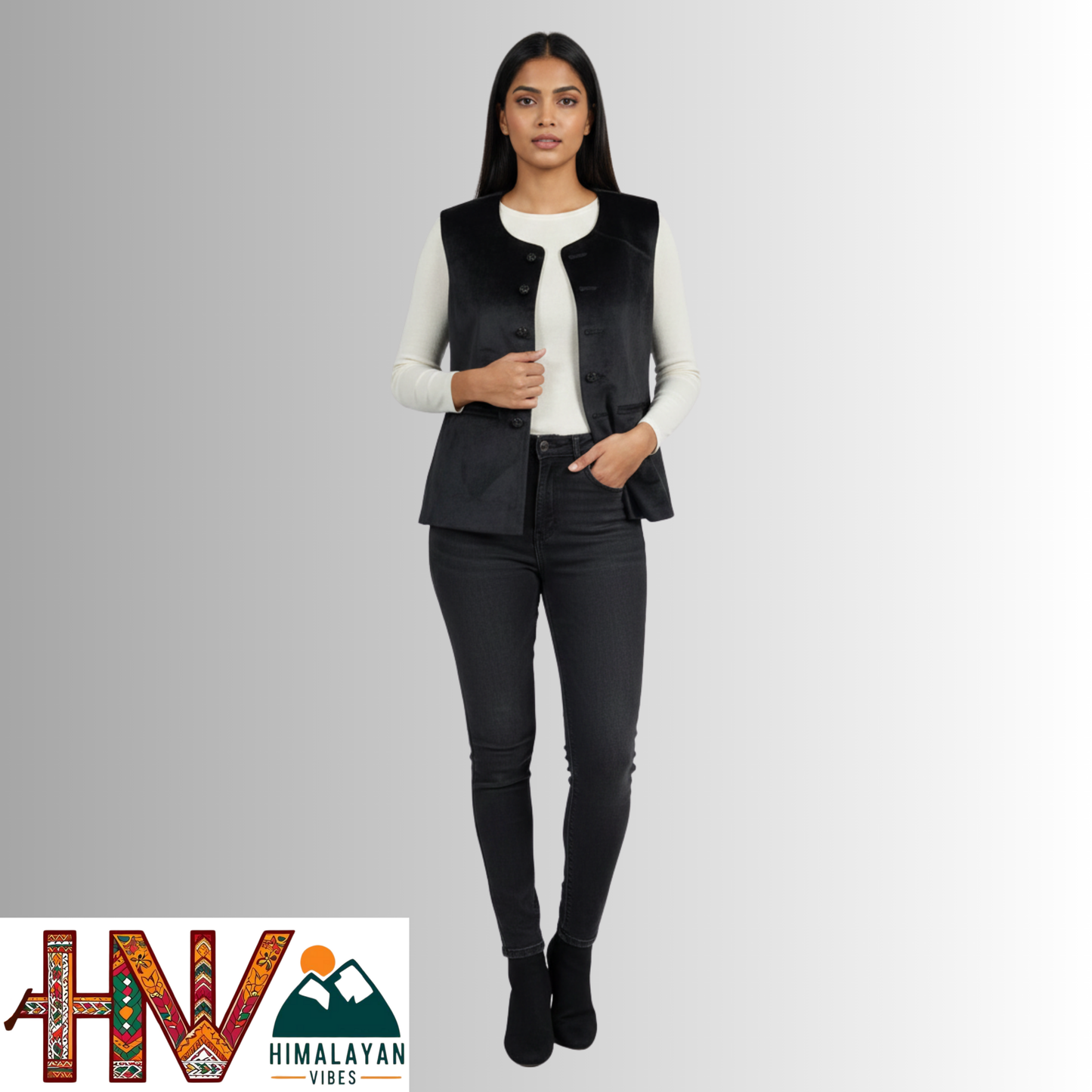 Himachali Plain Black Sadri  for Women - Martin Fabric Ethnic Half Jacket with Pockets