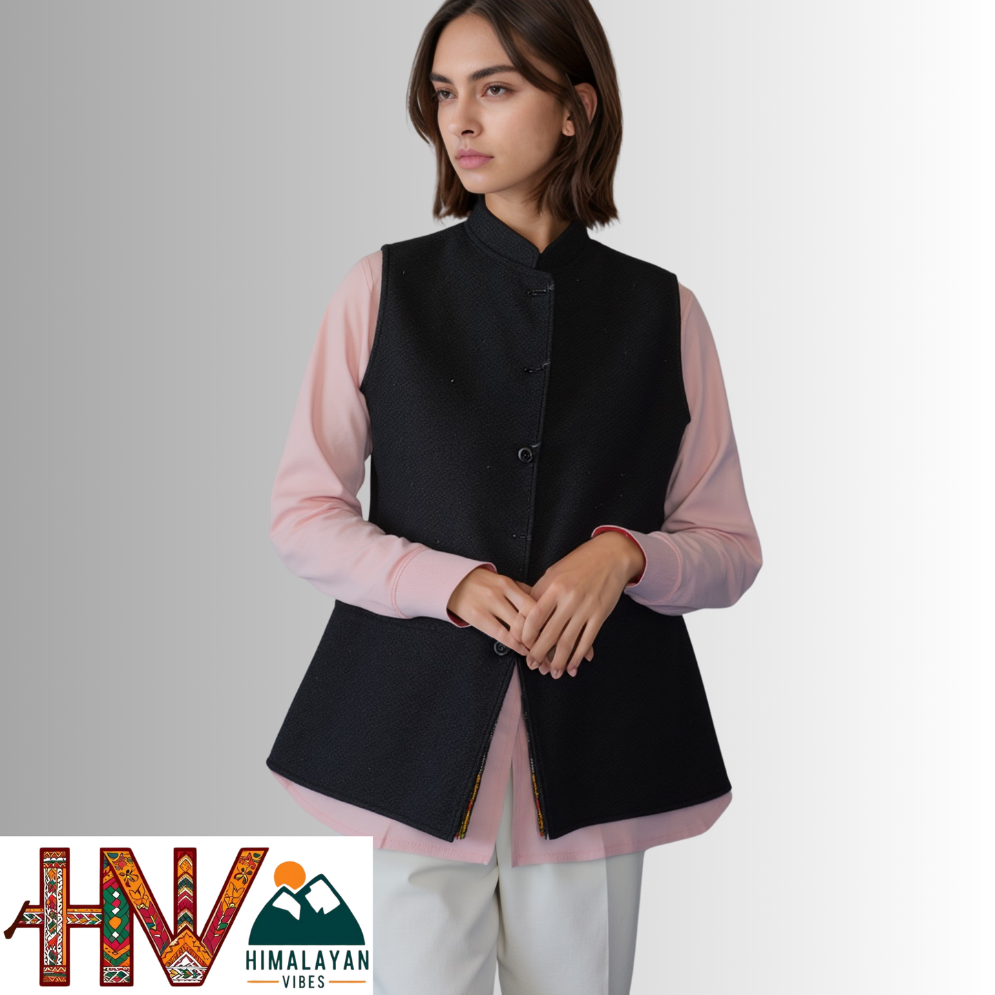 Women's Black Woolen Sadri with Kullu Patti - Elegant Traditional Wear by Himalayan Vibes