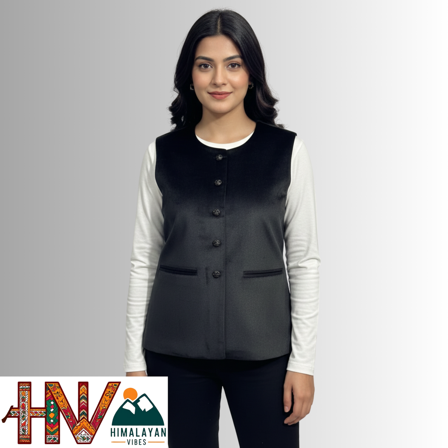Himachali Plain Black Sadri  for Women - Martin Fabric Ethnic Half Jacket with Pockets