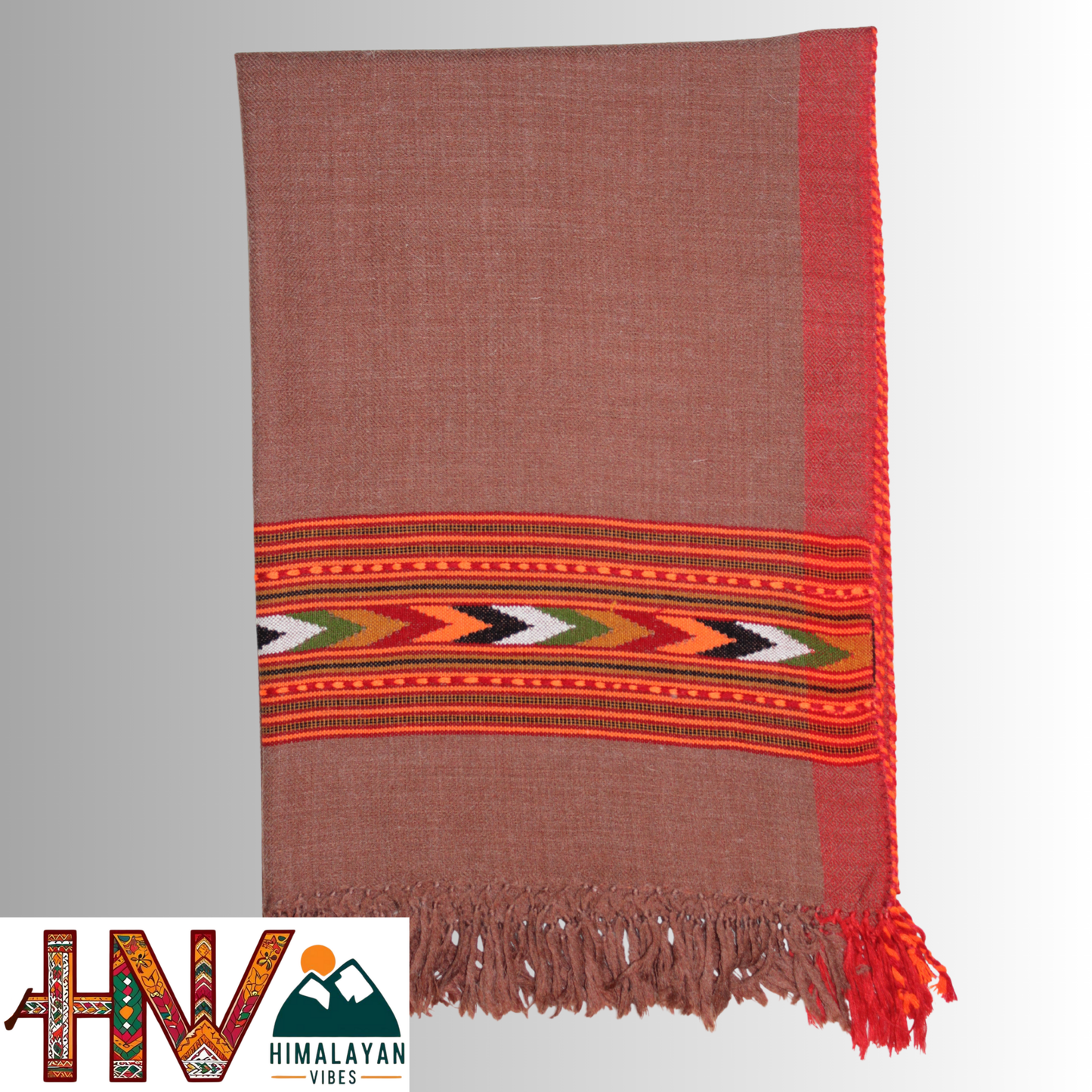 Handwoven Brown Kullu Woolen Stole With Traditional Kullu Patti Design and Red Border– Handwoven Elegance By Himalayan Vibes