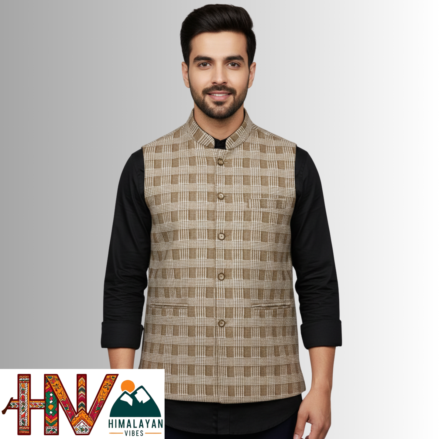 Handcrafted Himalayan Vibes Chestnut Brown Checkered Winter Jacket Men | Traditional Himachali Craft | Stylish Winter & Formal Wear