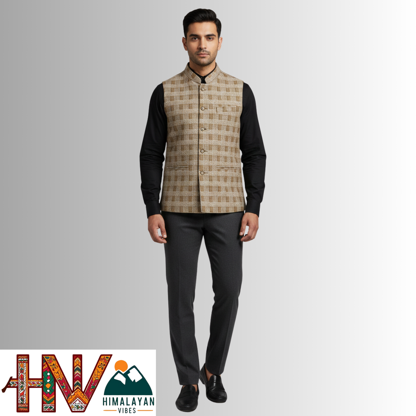 Handcrafted Himalayan Vibes Chestnut Brown Checkered Winter Jacket Men | Traditional Himachali Craft | Stylish Winter & Formal Wear