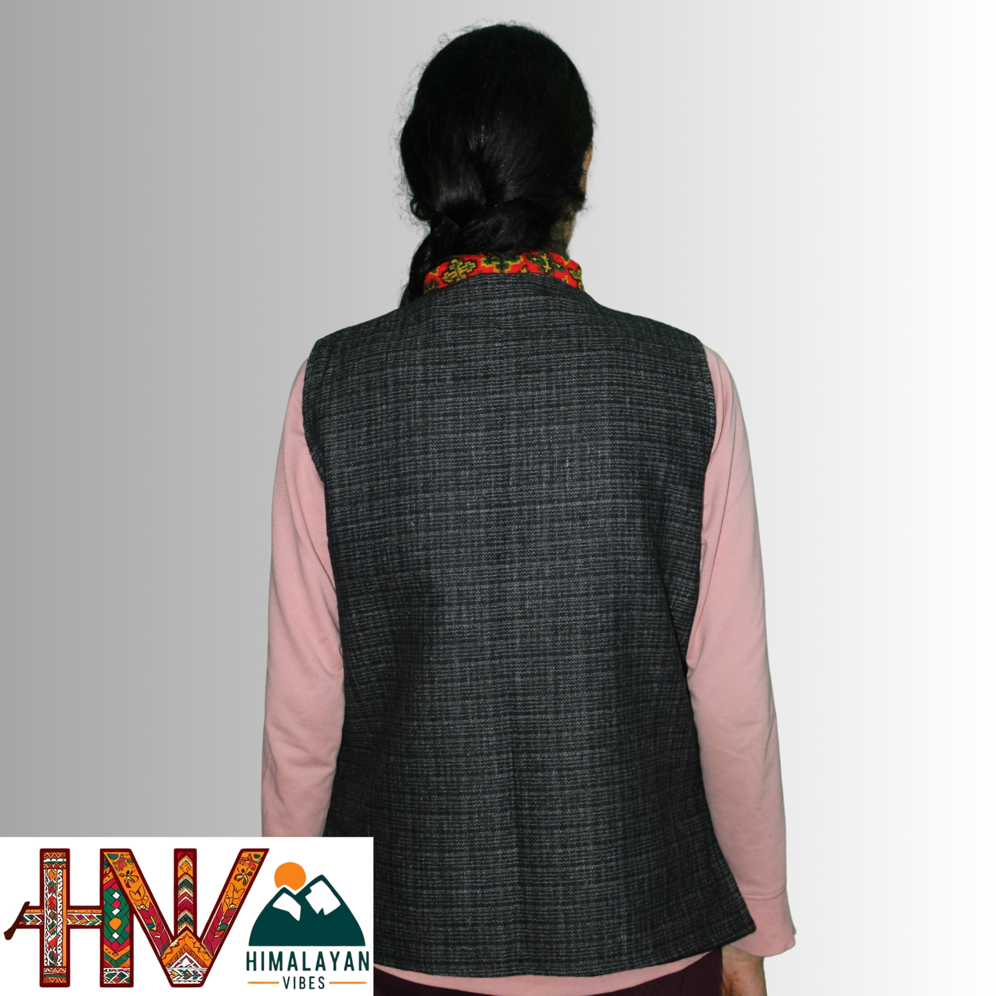 Women's Black Woolen Sadri with Kullu Patti - Elegant Traditional Wear by Himalayan Vibes