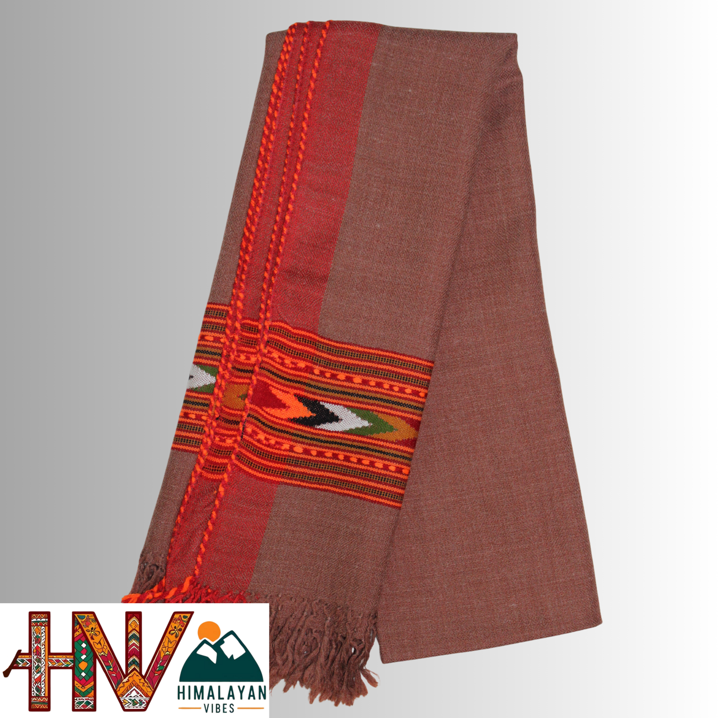 Handwoven Brown Kullu Woolen Stole With Traditional Kullu Patti Design and Red Border– Handwoven Elegance By Himalayan Vibes