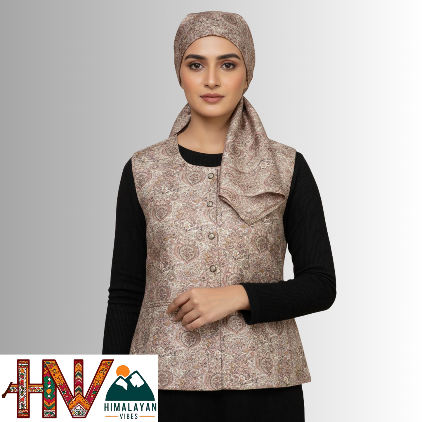 Himalayan Vibes Women's Pashmina Mix - Beige Paisley Print Sadri-Dhatu Combo