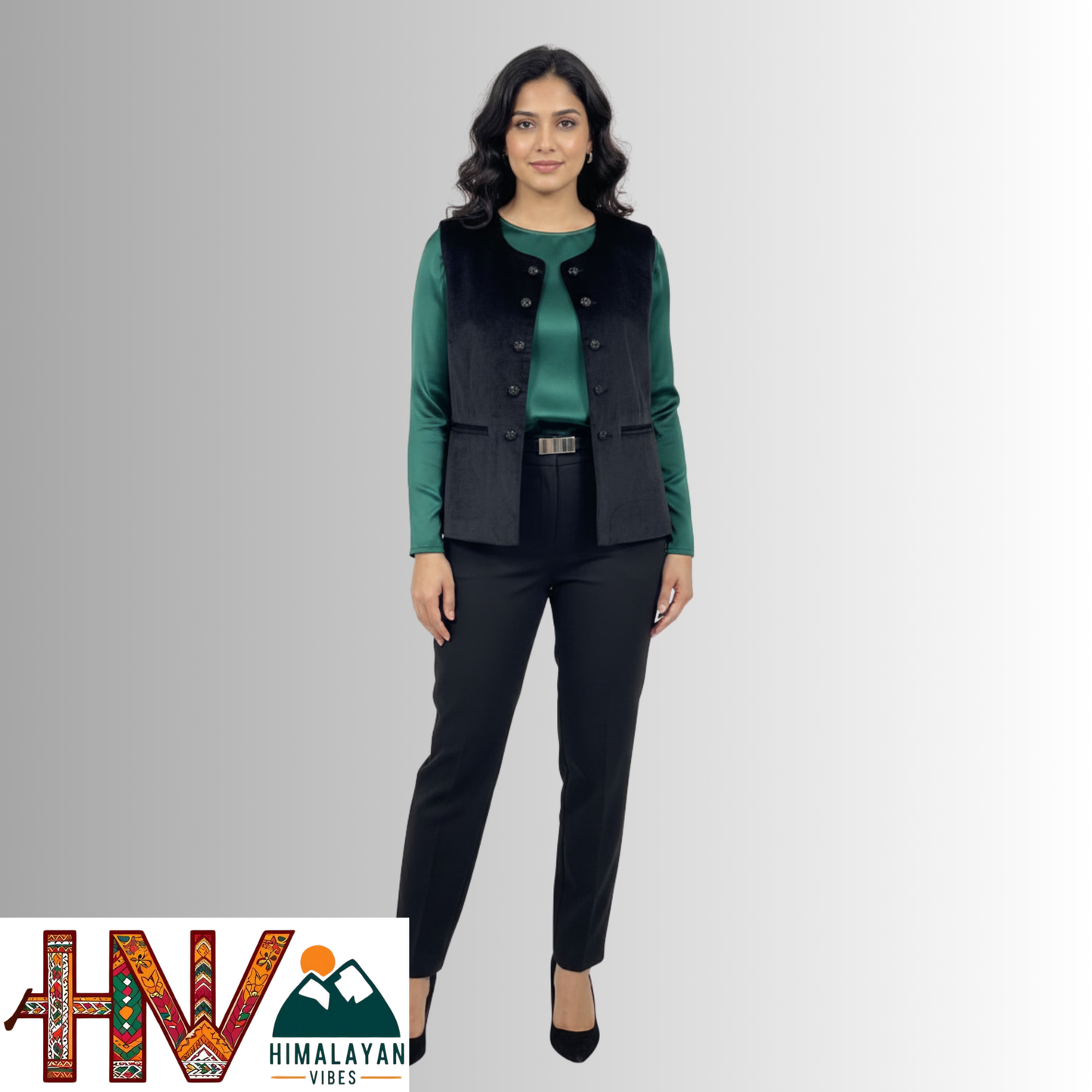 Himachali Plain Black Sadri  for Women - Martin Fabric Ethnic Half Jacket with Pockets