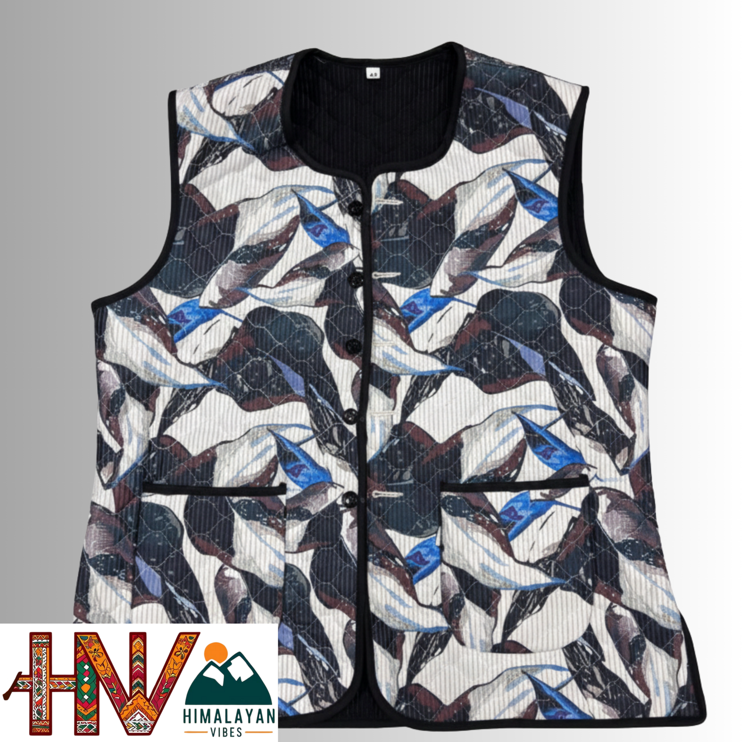 Reversible Black & Blue Abstract Print Sadri for Women – Dual Look Ethnic Waistcoat | Floral & Solid Textured Design by Himalayan Vibes