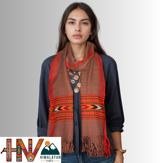 Handwoven Brown Kullu Woolen Stole With Traditional Kullu Patti Design and Red Border– Handwoven Elegance By Himalayan Vibes