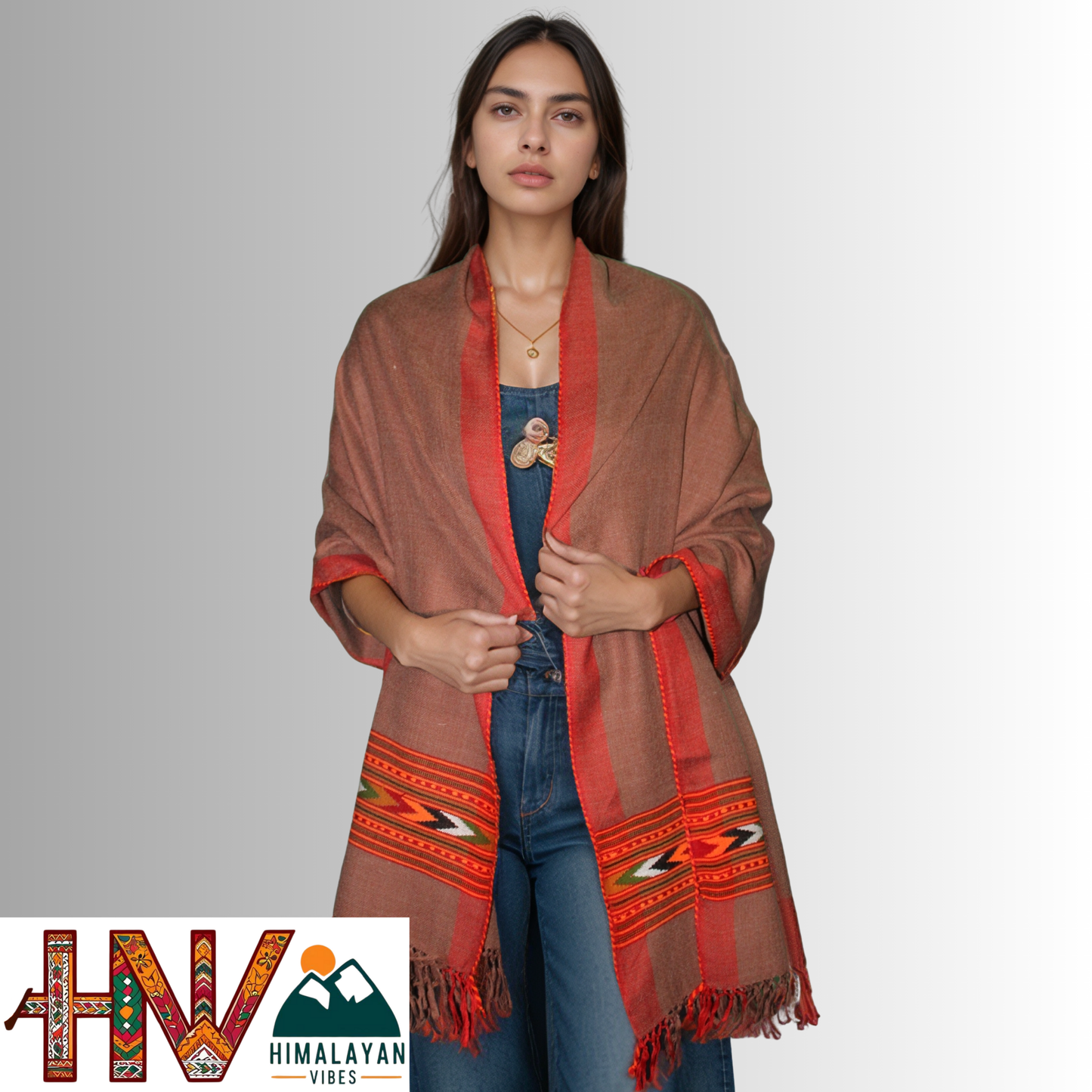 Handwoven Brown Kullu Woolen Stole With Traditional Kullu Patti Design and Red Border– Handwoven Elegance By Himalayan Vibes