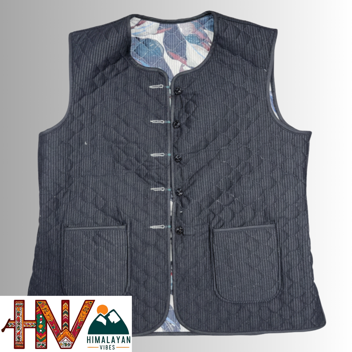 Reversible Black & Blue Abstract Print Sadri for Women – Dual Look Ethnic Waistcoat | Floral & Solid Textured Design by Himalayan Vibes