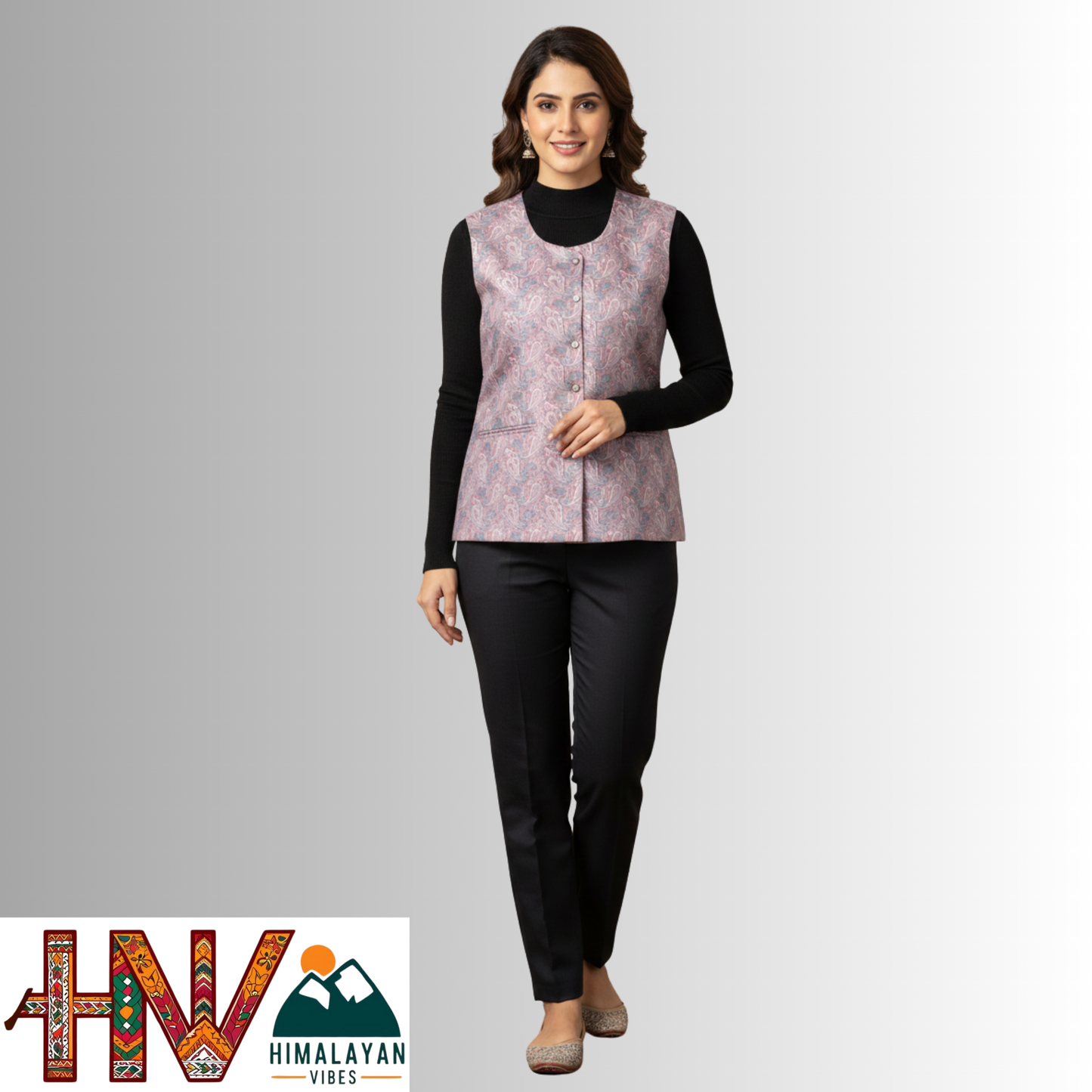 Himalayan Vibes Women's Pashmina Mix Sadri - Mint Green Paisley Print