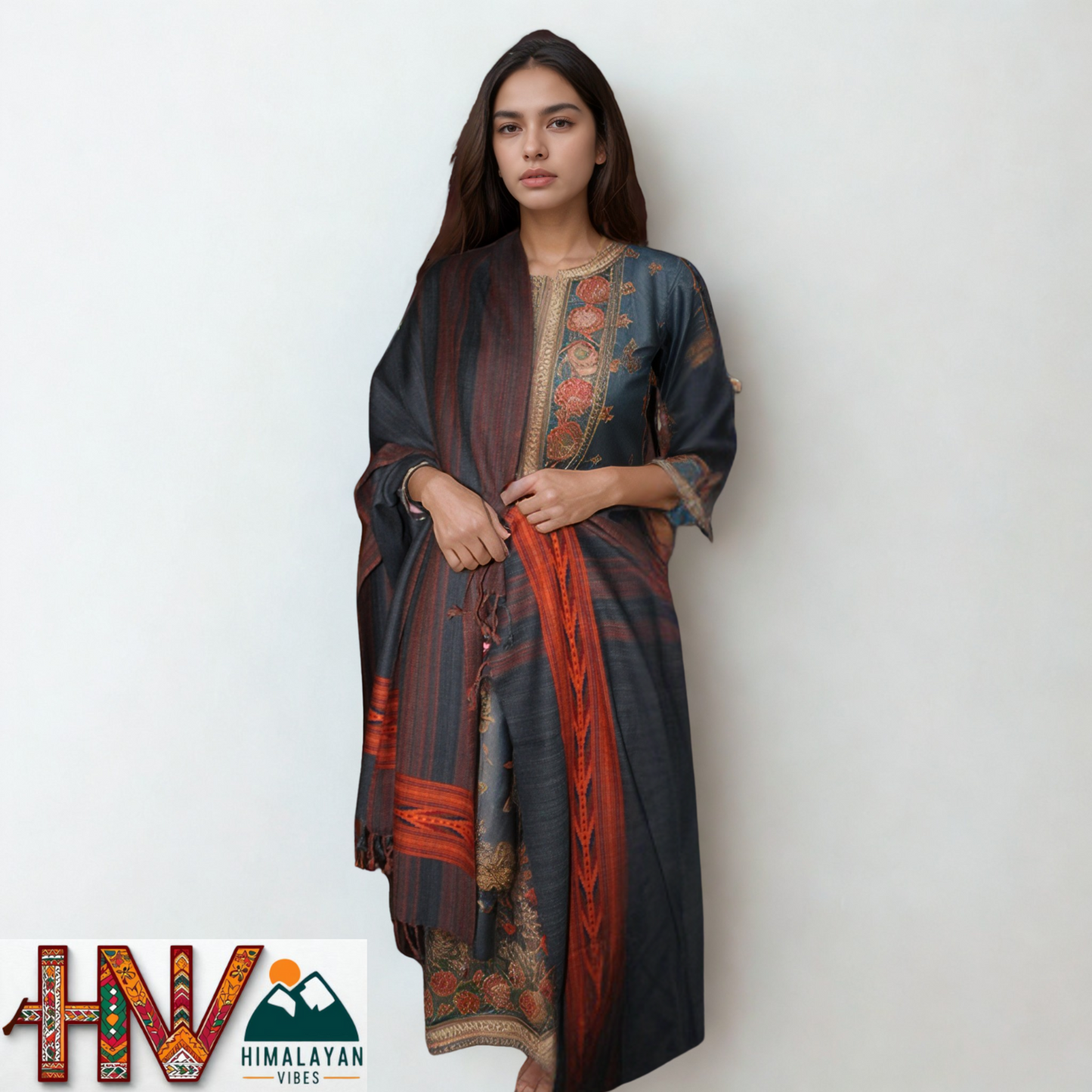 Handwoven Dark grey Kullu Shawl – 100% Pure Sheep Wool with Traditional Himalayan Craftsmanship