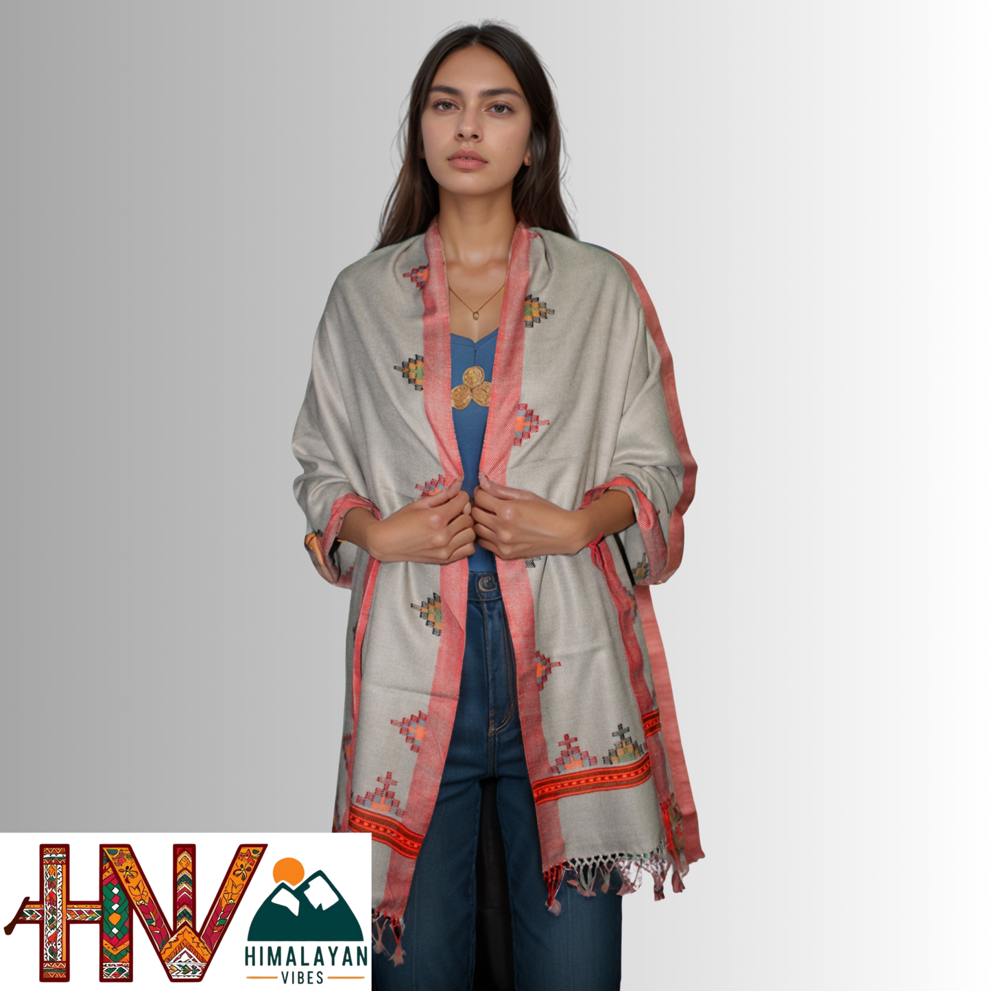 Handwoven Grey Kullu Woolen Stole with Traditional Kullu Patti Geometric Motifs with Red Border– Handwoven Elegance By Himalayan Vibes