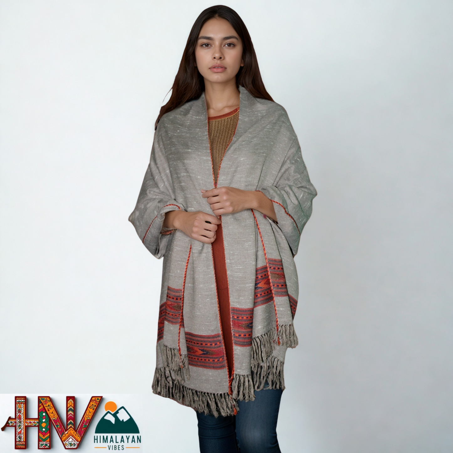 Handwoven Himalayan Brown Wool Stole – Red & Black Striped with Geometric Motif Border