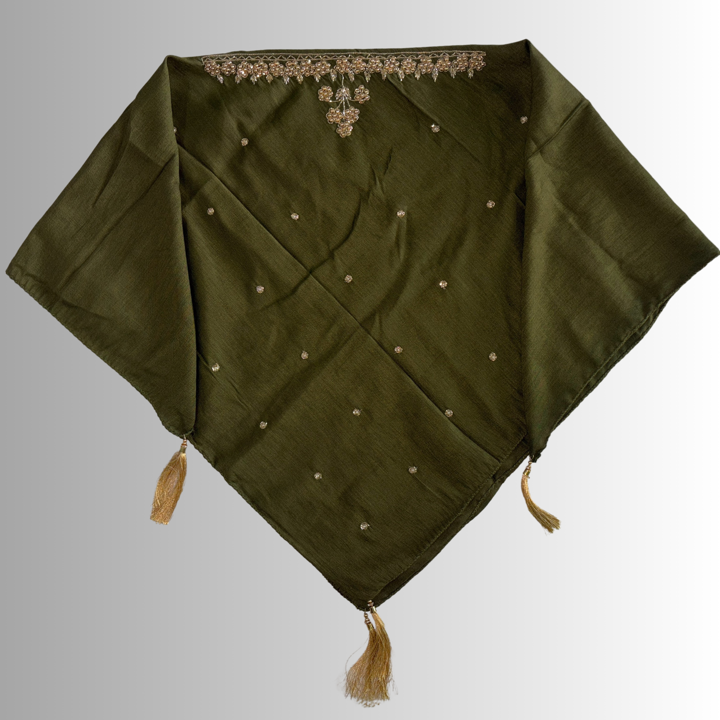 Handcrafted Himachali Olive Green Dhatu with Golden Embroidery – A Unique Embroidered Head Scarf