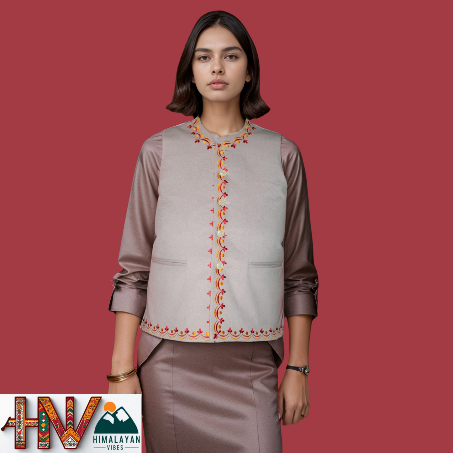 Hand-Embroidered Tan Color Himachali Sadri (Jacket) for Women - Martin Fabric Ethnic Half Jacket with Pockets